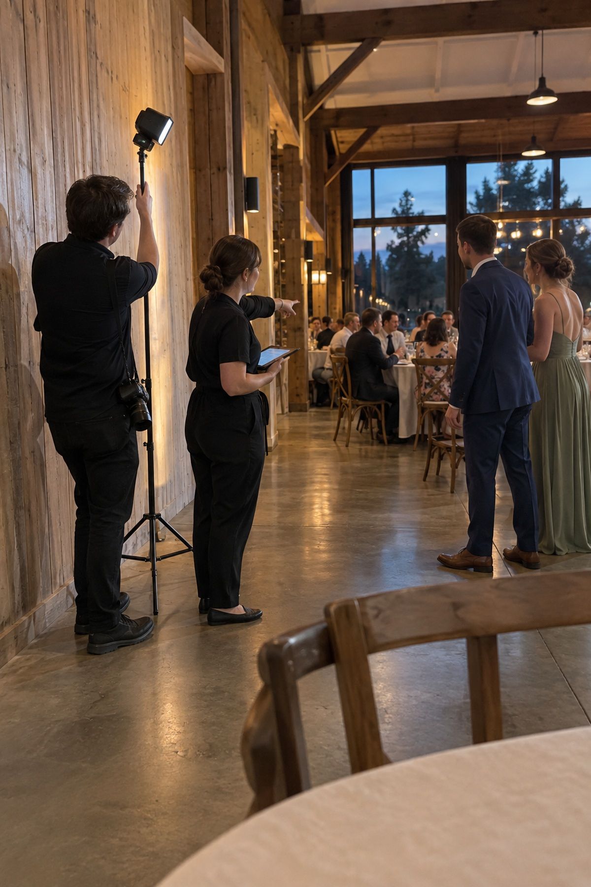 A photographer and coordinator check safe flash placement before an August reception.