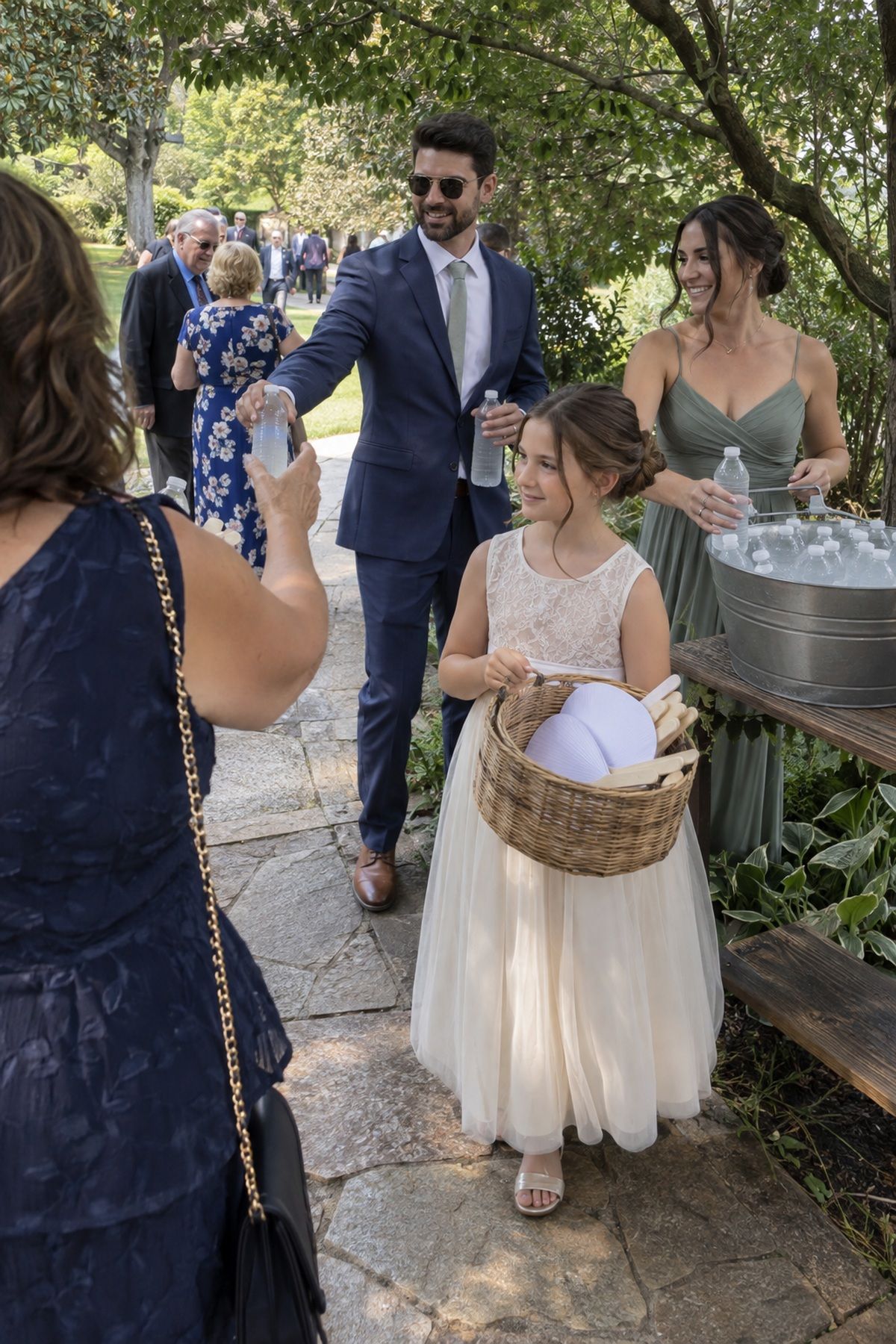 A child carries paper fans while attendants offer water at an August wedding arrival.