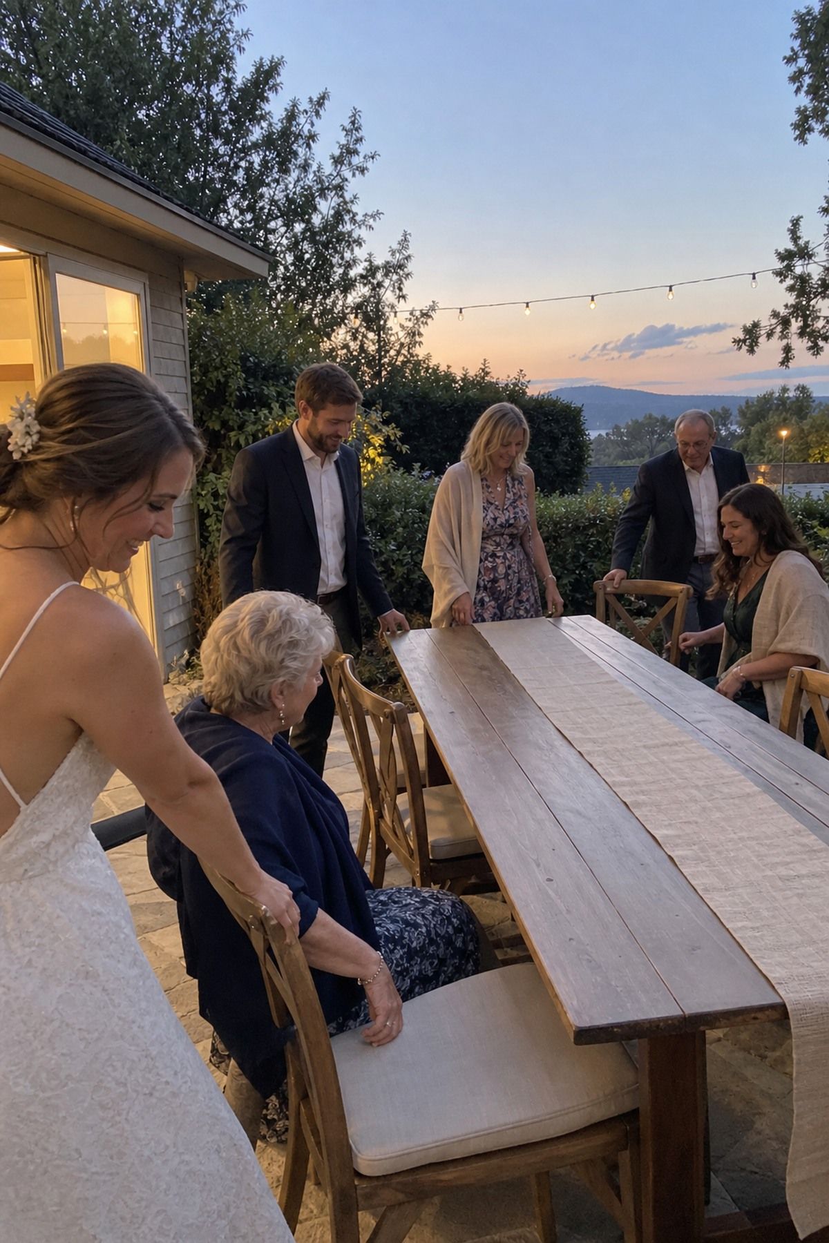 Guests take their seats for an intimate August wedding dinner after the bright afternoon sun has dropped.
