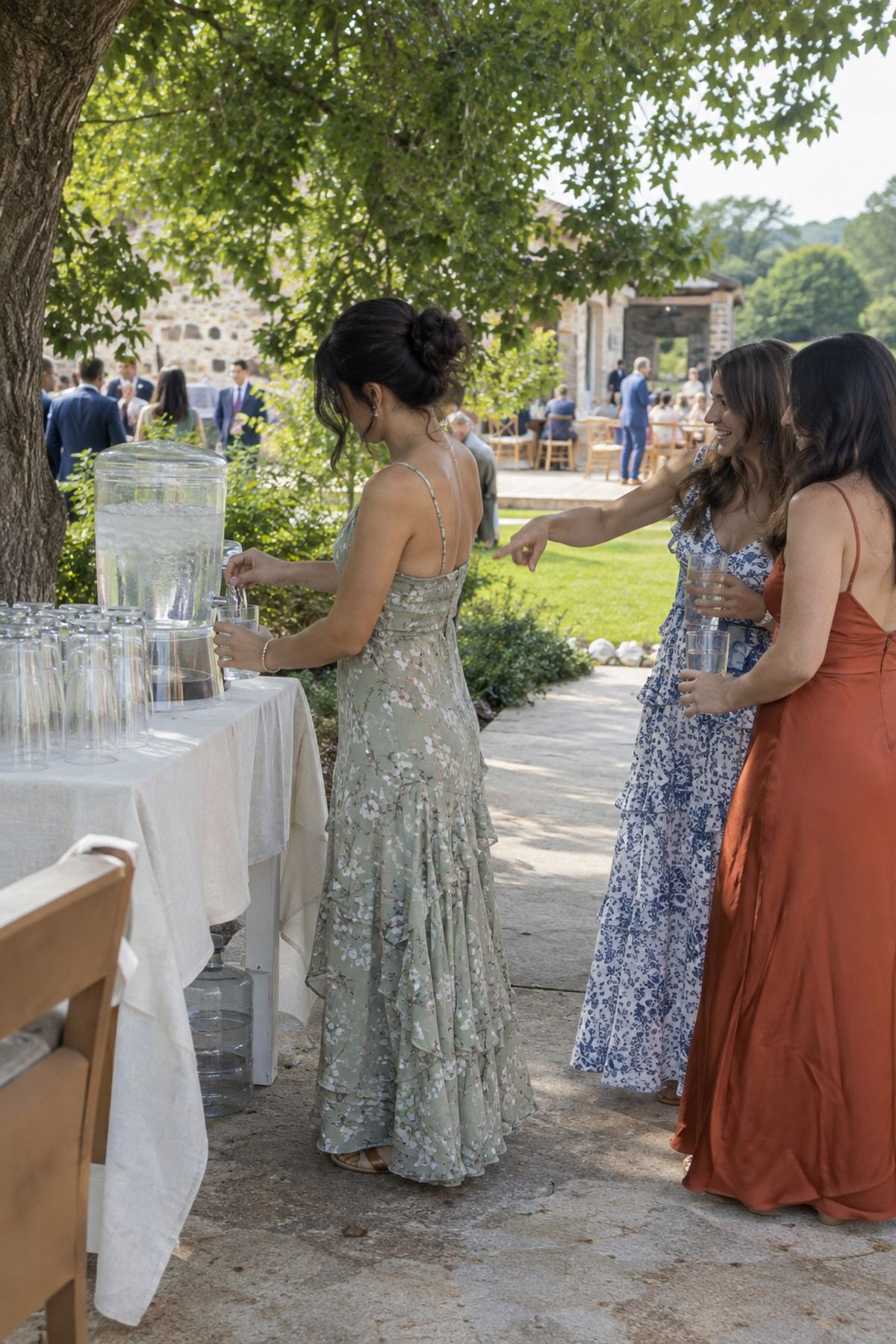 Guests use a visible shaded water station between the ceremony lawn and August wedding reception.