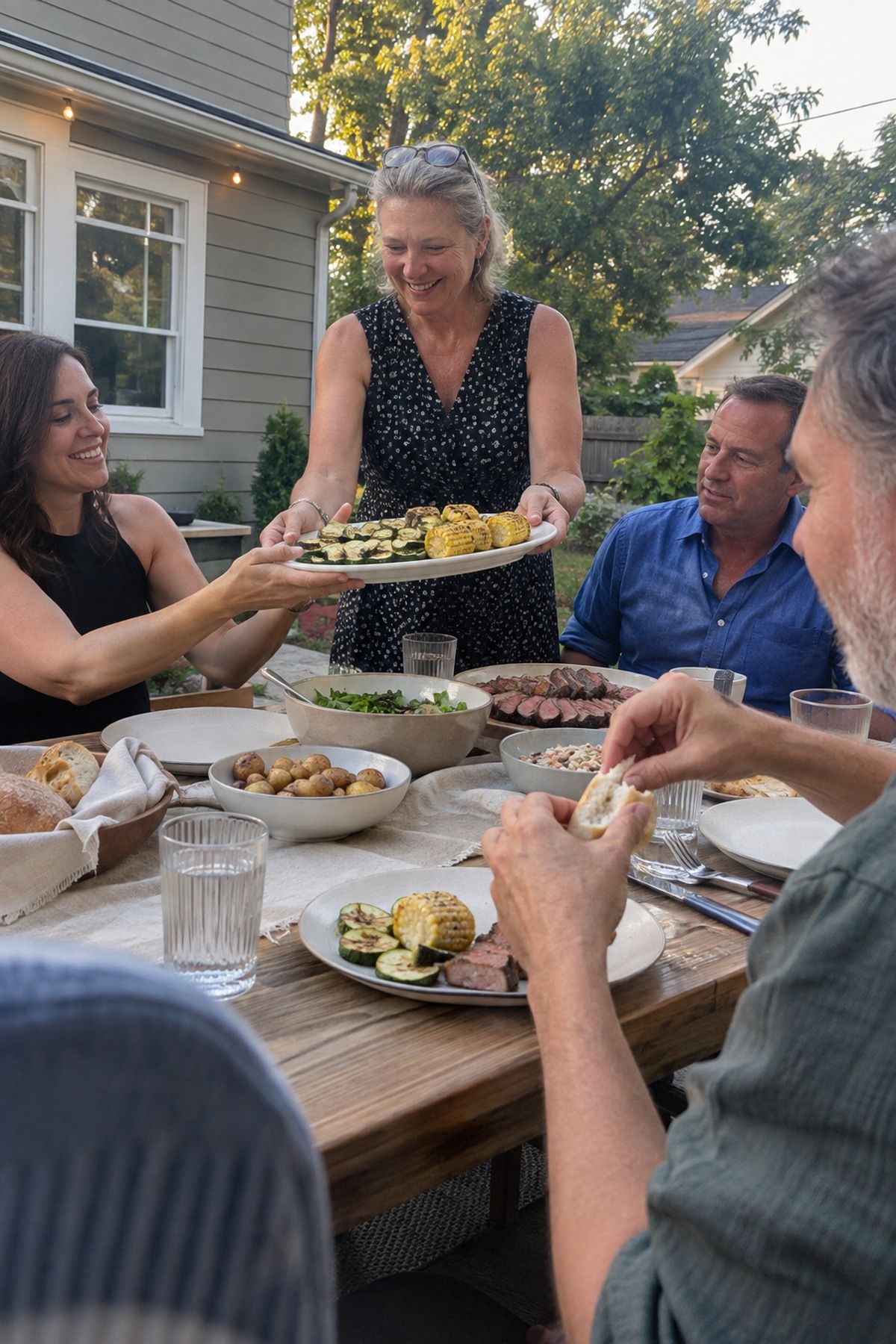 Guests pass a light but generous late-summer dinner around a small backyard wedding table.