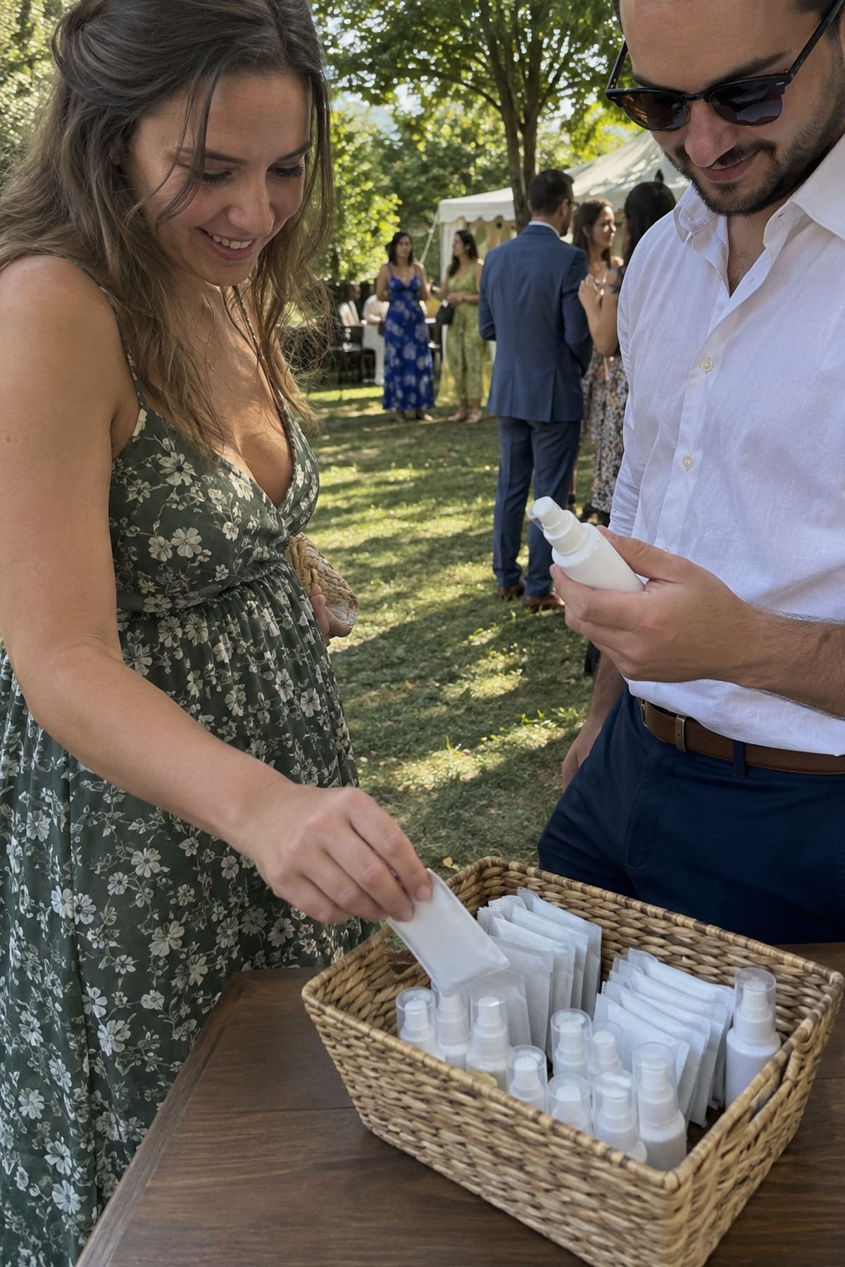 Guests choose sunscreen and bug wipes from a small hospitality basket at an outdoor August reception.