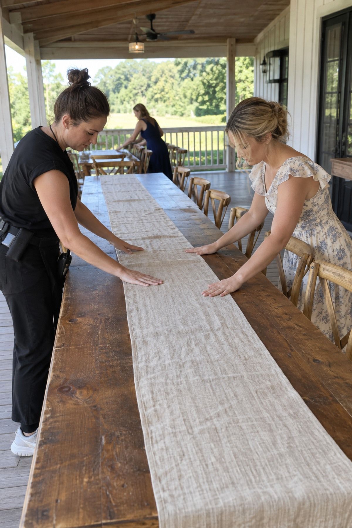 Two helpers smooth a flax linen runner along a wooden August wedding reception table.