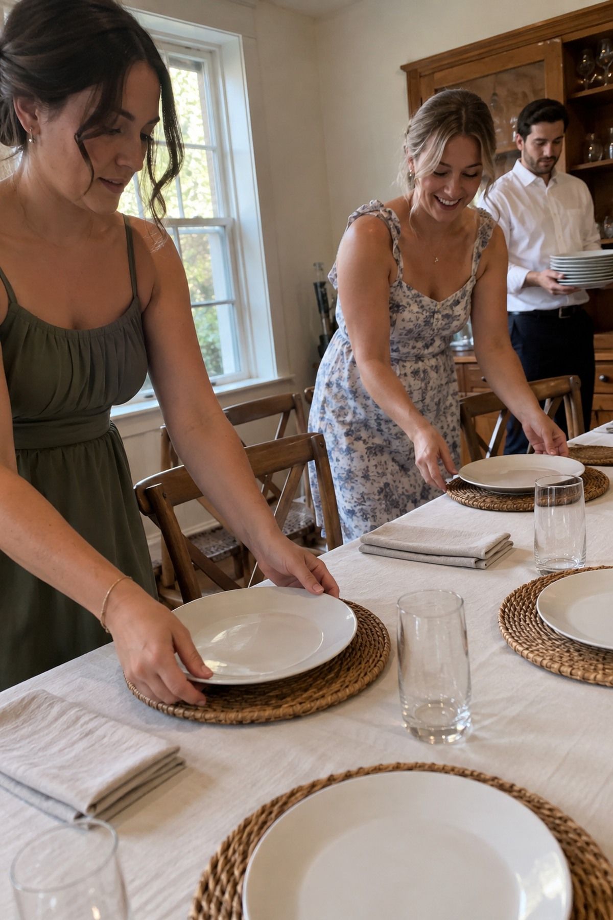 Friends layer rattan chargers beneath simple place settings for an August wedding dinner.