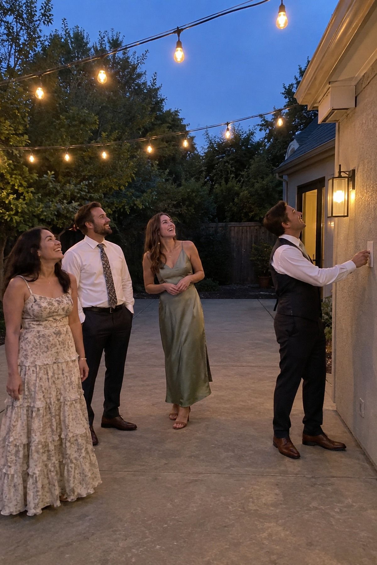 Guests watch bistro string lights turn on above a backyard August wedding reception before sunset.