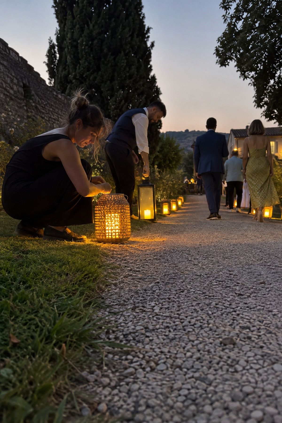 Wedding attendants switch on battery lanterns along a guest path at twilight.
