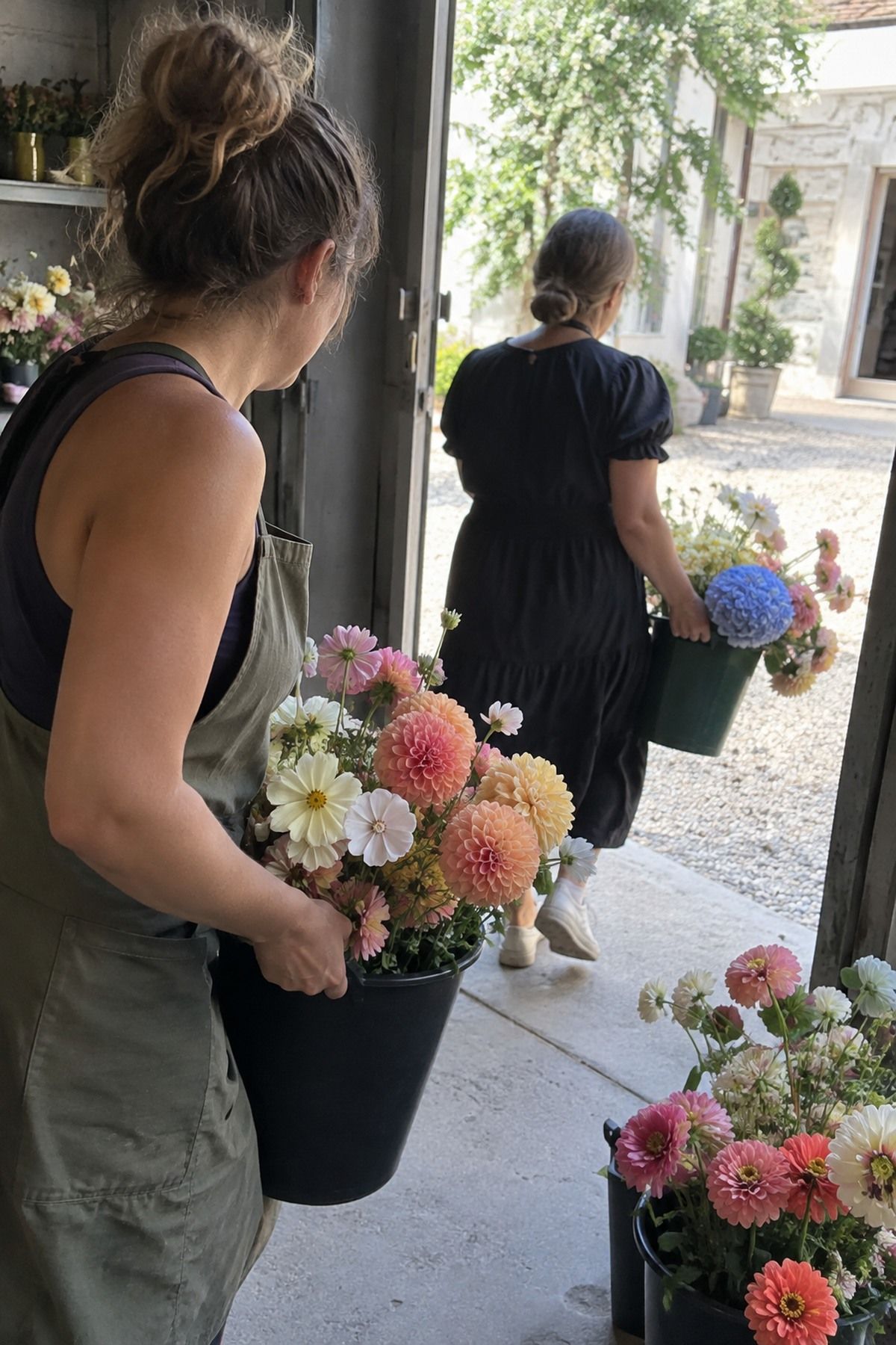 A florist carries fresh dahlias, cosmos, zinnias, and pale summer flowers toward an August reception.