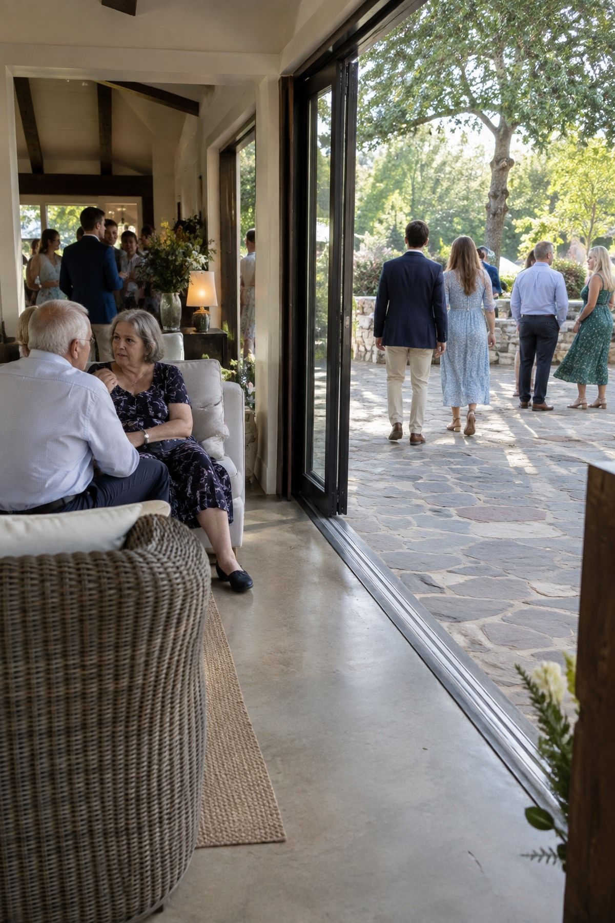 Guests move easily between an indoor lounge and shaded garden during an August wedding reception.