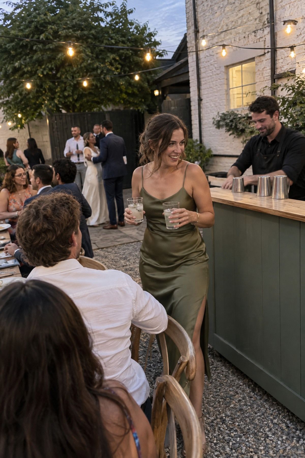 A guest carries drinks from a compact bar placed close to the August wedding dinner and dance area.