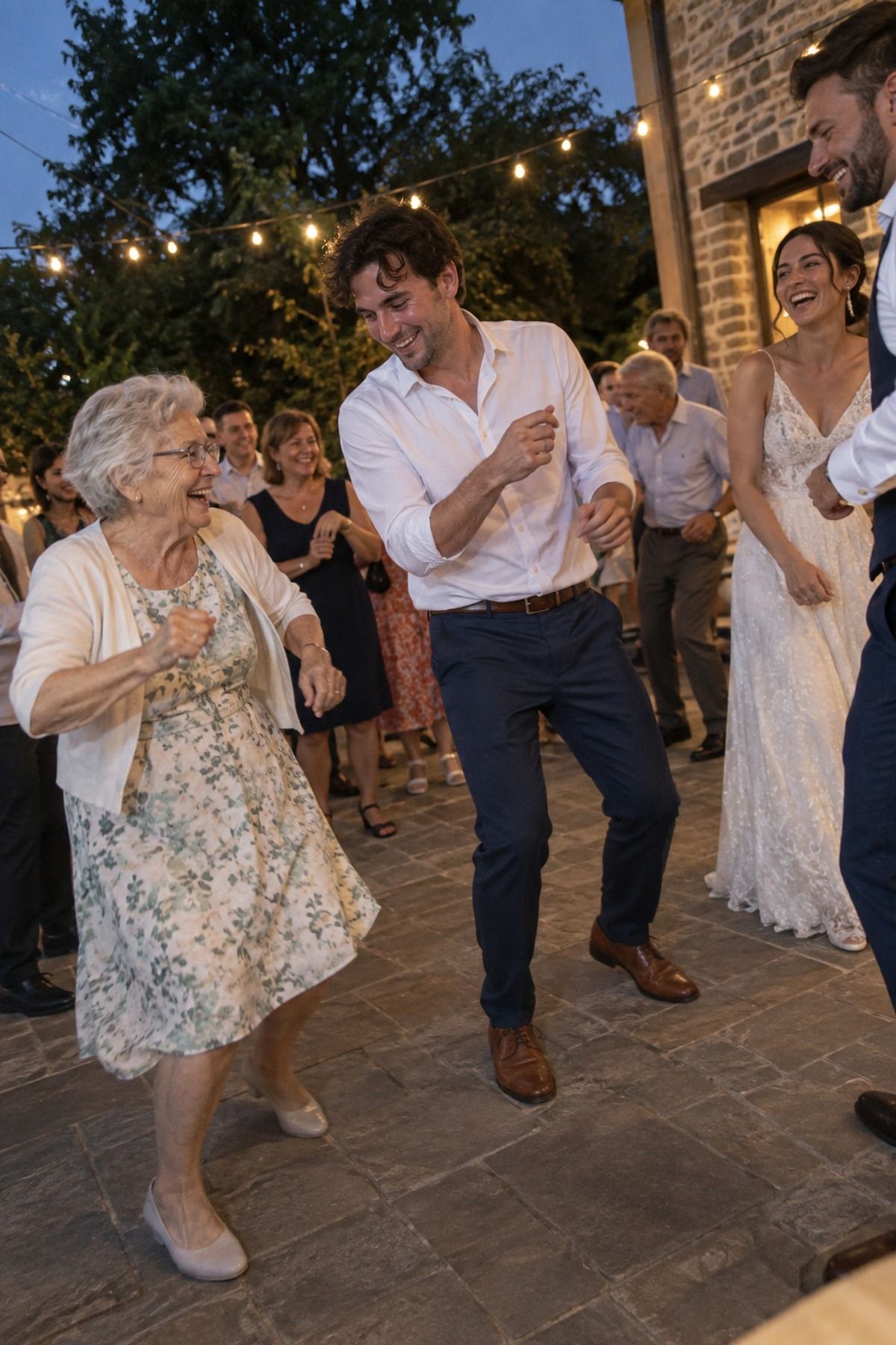 A multigenerational group shares a short upbeat dance set at a small August wedding reception.