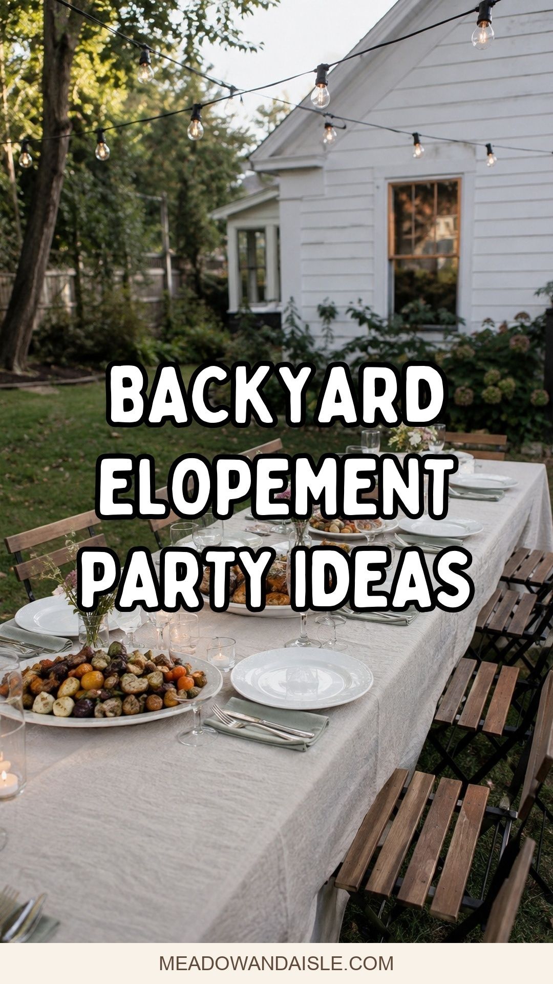 Backyard elopement party ideas pin with a family-style garden dinner