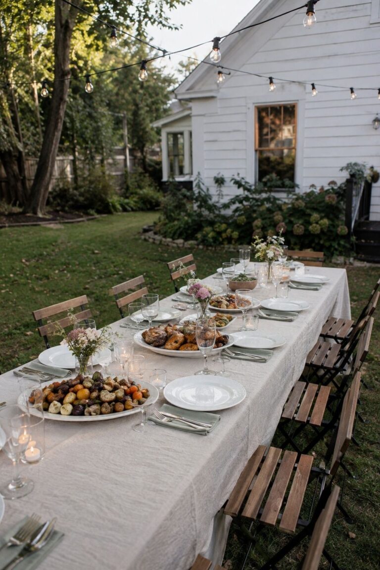 Shared platters, sage napkins and garden flowers on a backyard dinner table