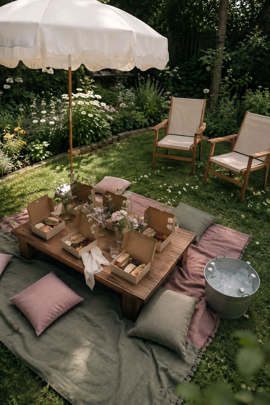 Low picnic table with cushions, picnic boxes and nearby garden chairs