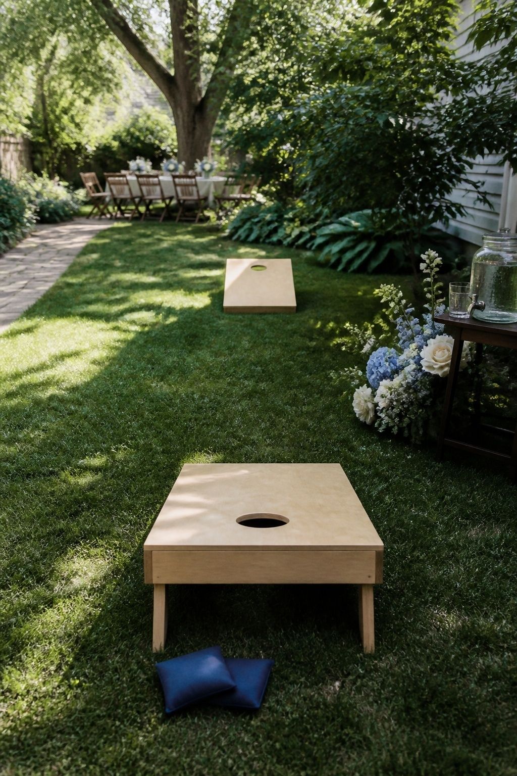 Wooden cornhole boards on a lawn apart from the dinner area