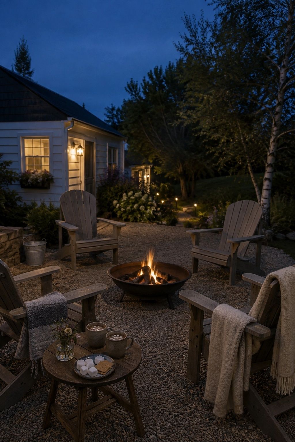 Backyard firepit with spaced chairs, blankets and warm drinks