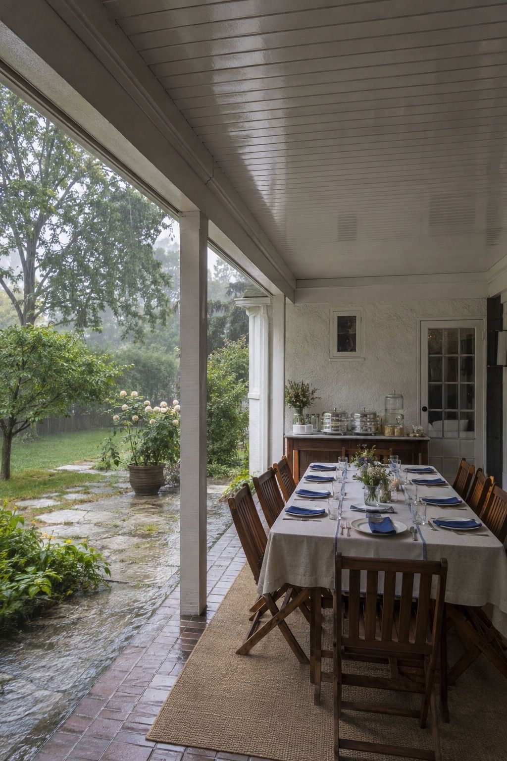Covered backyard seating and buffet kept dry beside a rainy garden