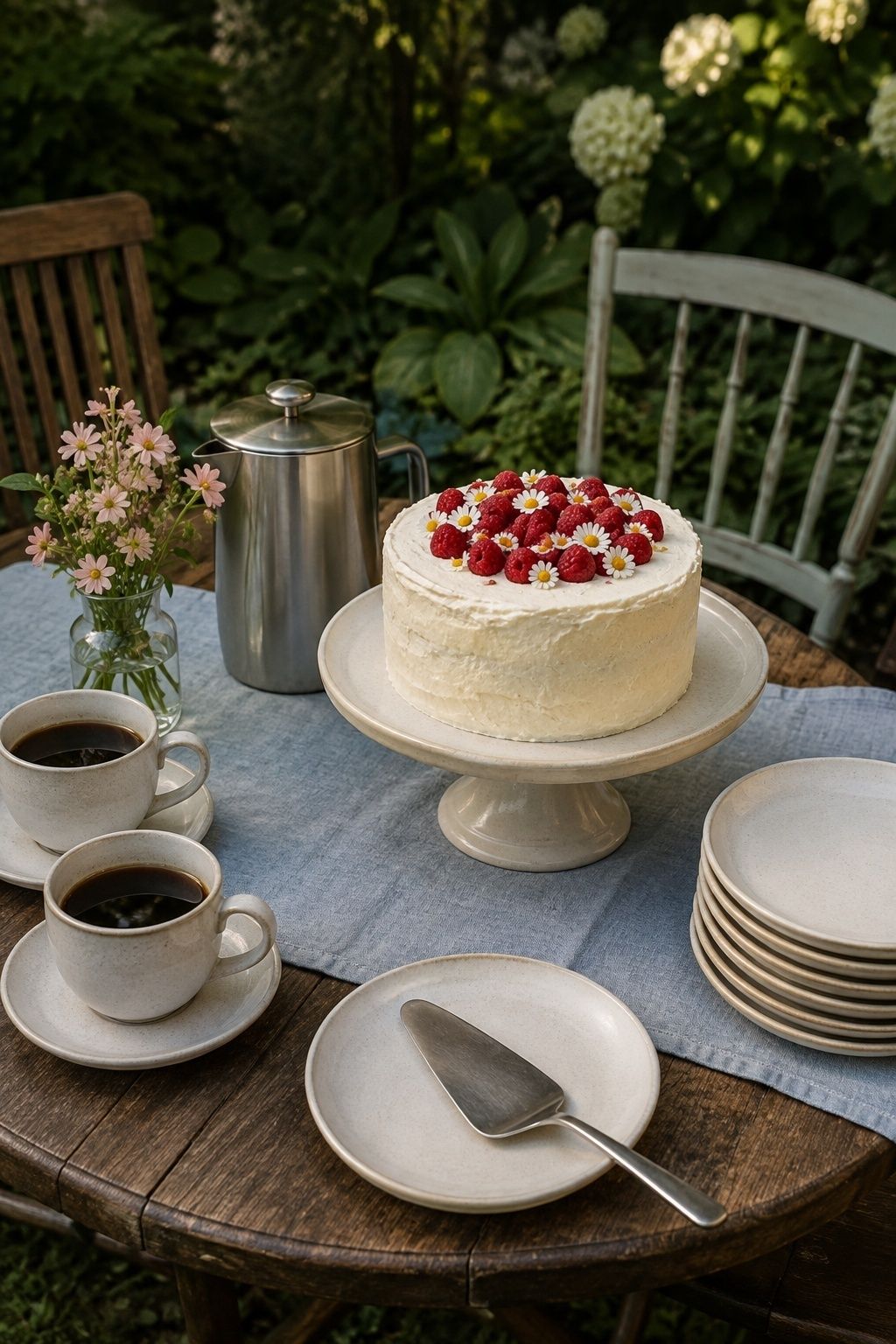 Small buttercream cake with coffee and dessert plates on a garden table