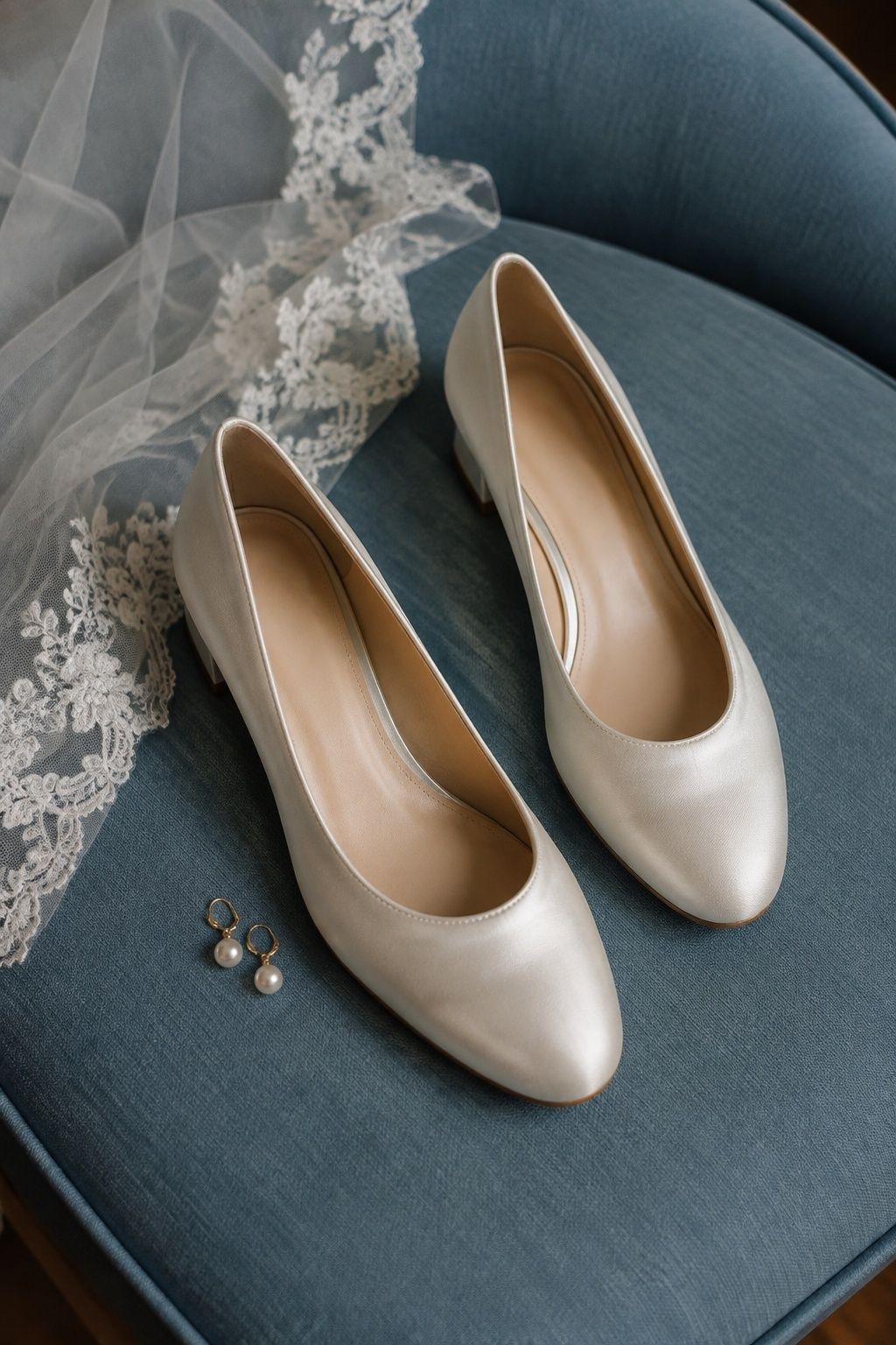 Ivory satin bridal pumps with a lace veil on a blue chair