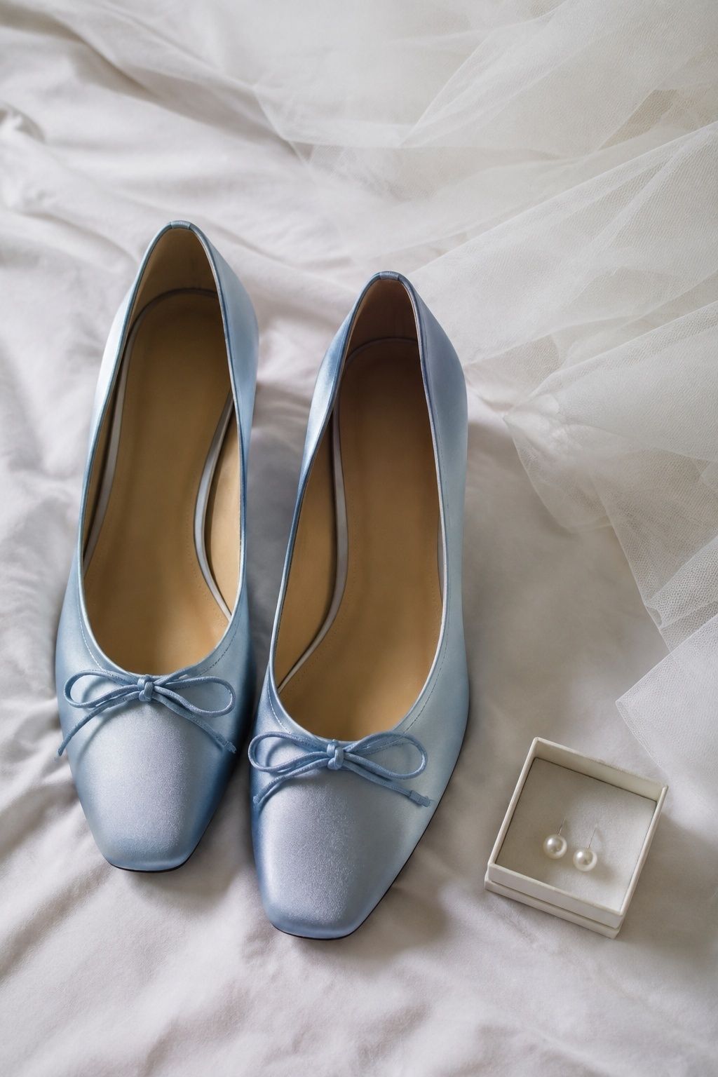 Pale blue ballet-inspired bridal shoes with tulle and pearl earrings