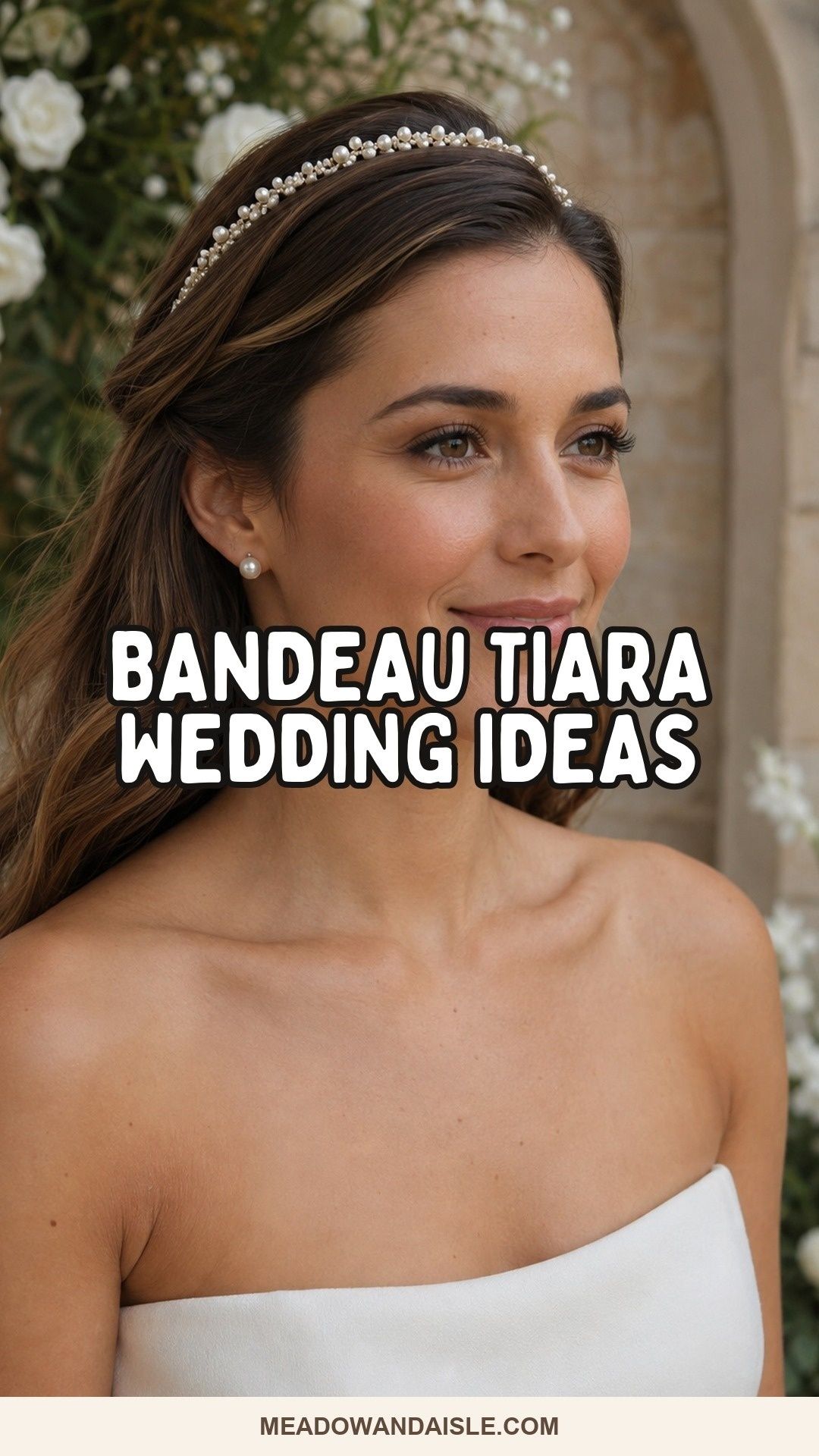 Bandeau tiara wedding ideas Pinterest pin with pearl bridal headband