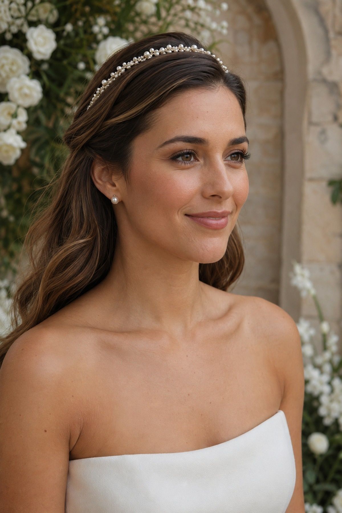 Pearl bandeau tiara for a soft bridal look