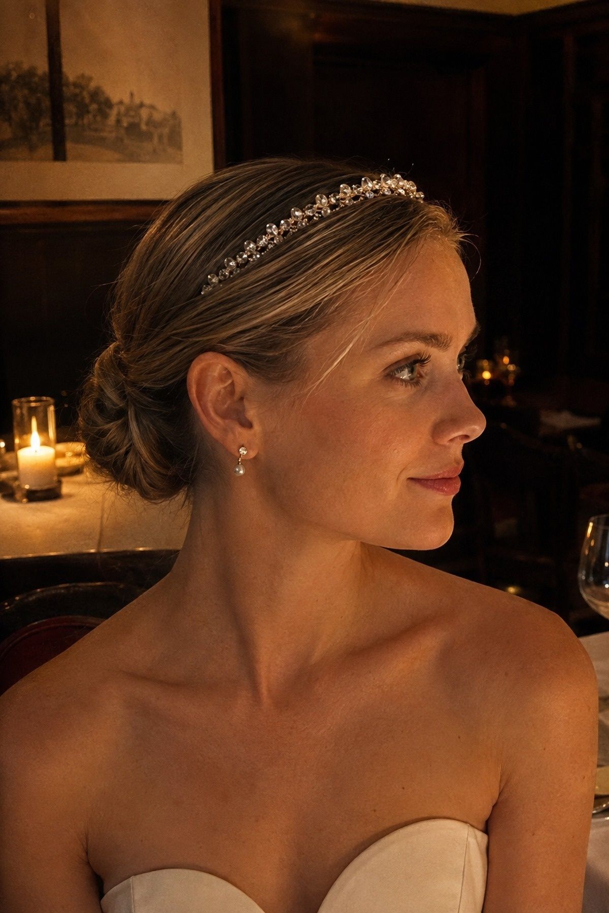 Crystal bandeau tiara catching evening light