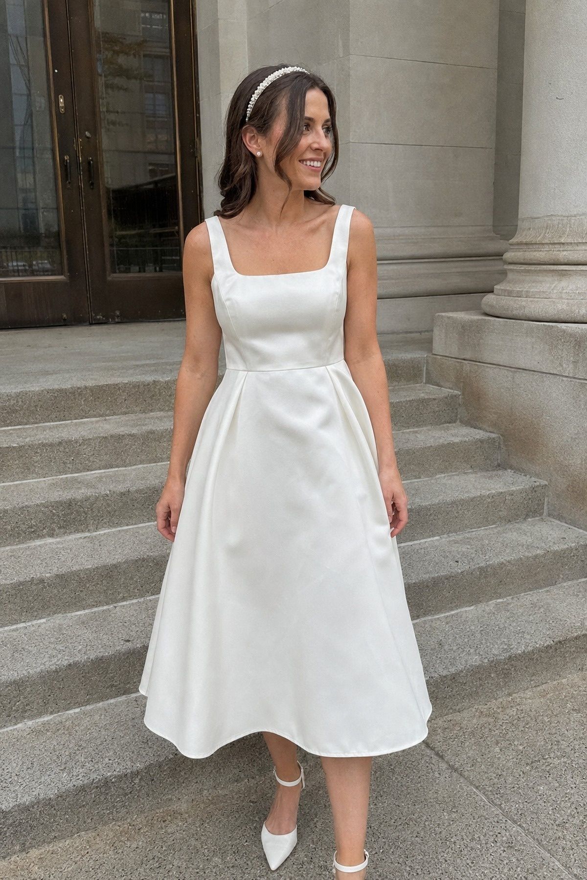 Bandeau tiara worn like a headband for a casual wedding
