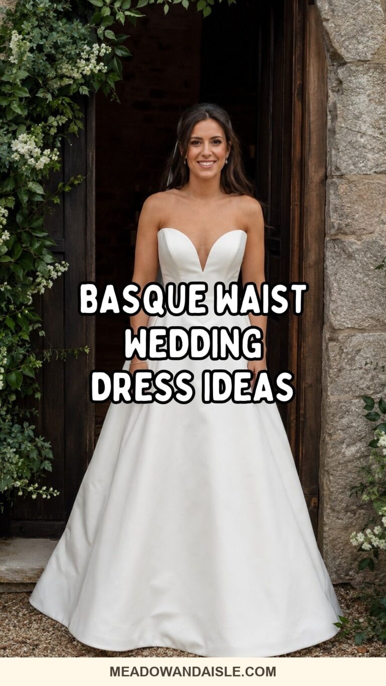 Basque waist wedding dress with a storybook silhouette and wedding dress ideas title