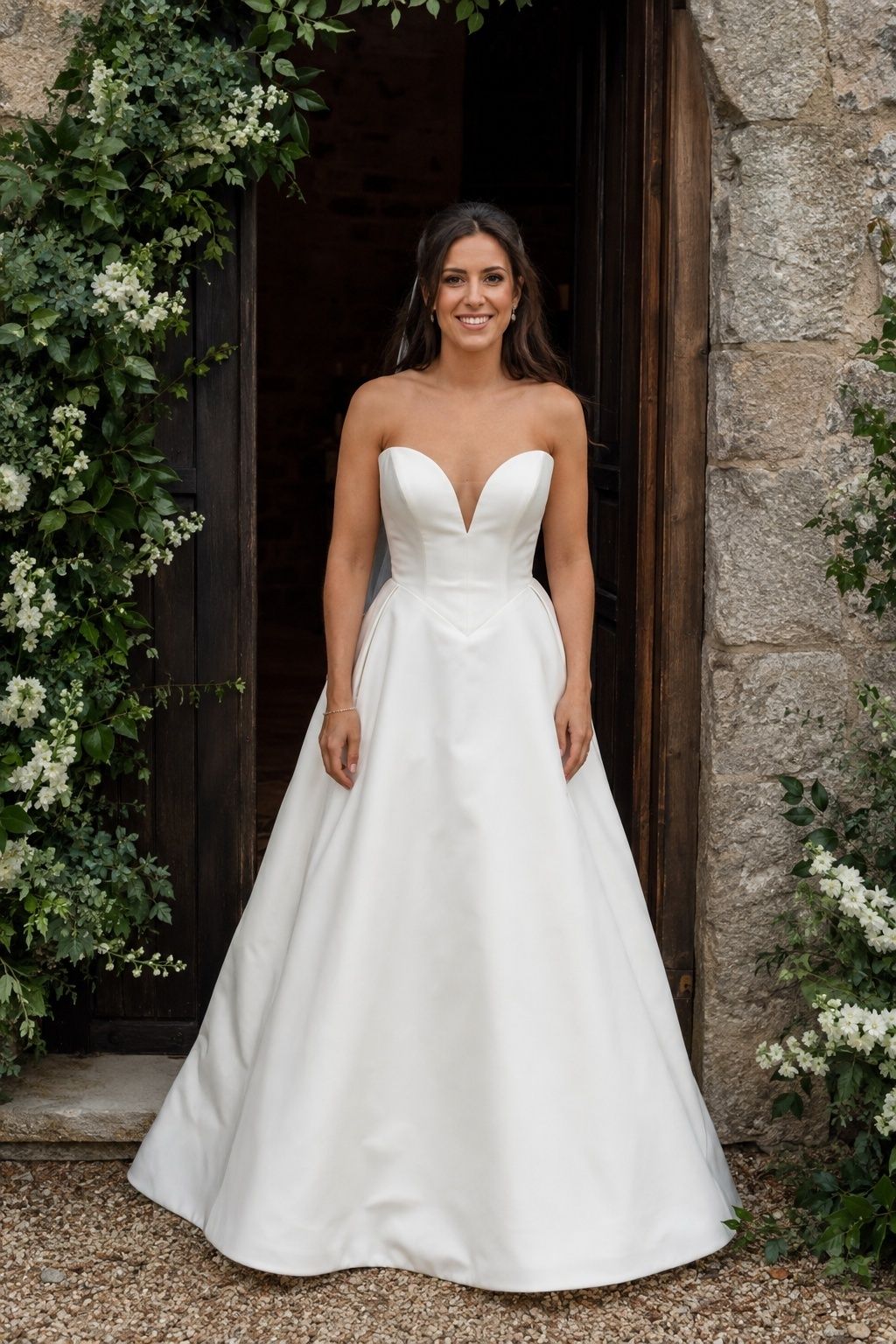 Bride wearing an ivory V-waist ball gown outside a stone chapel