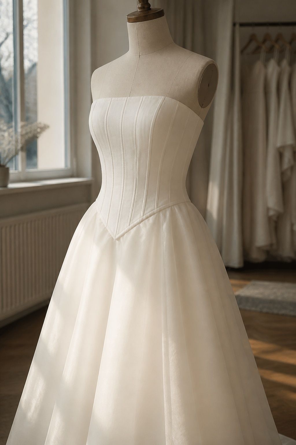 Paneled basque bridal gown with boning channels on a dressmaker form