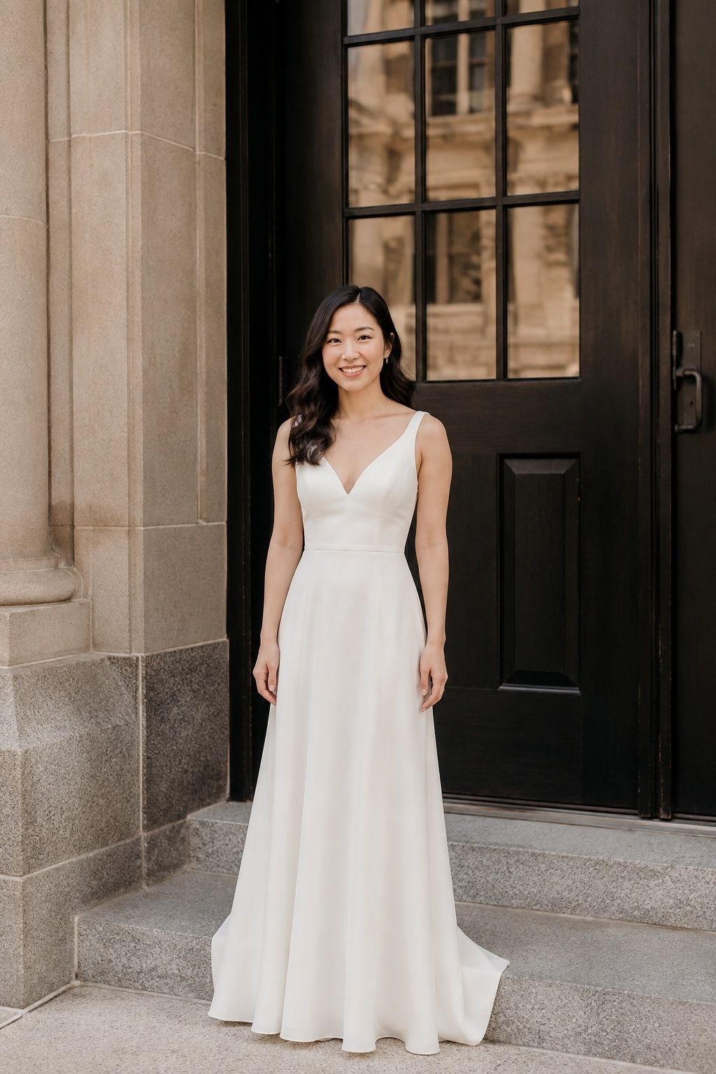 Petite bride wearing a light gown with a shallow dipped waist