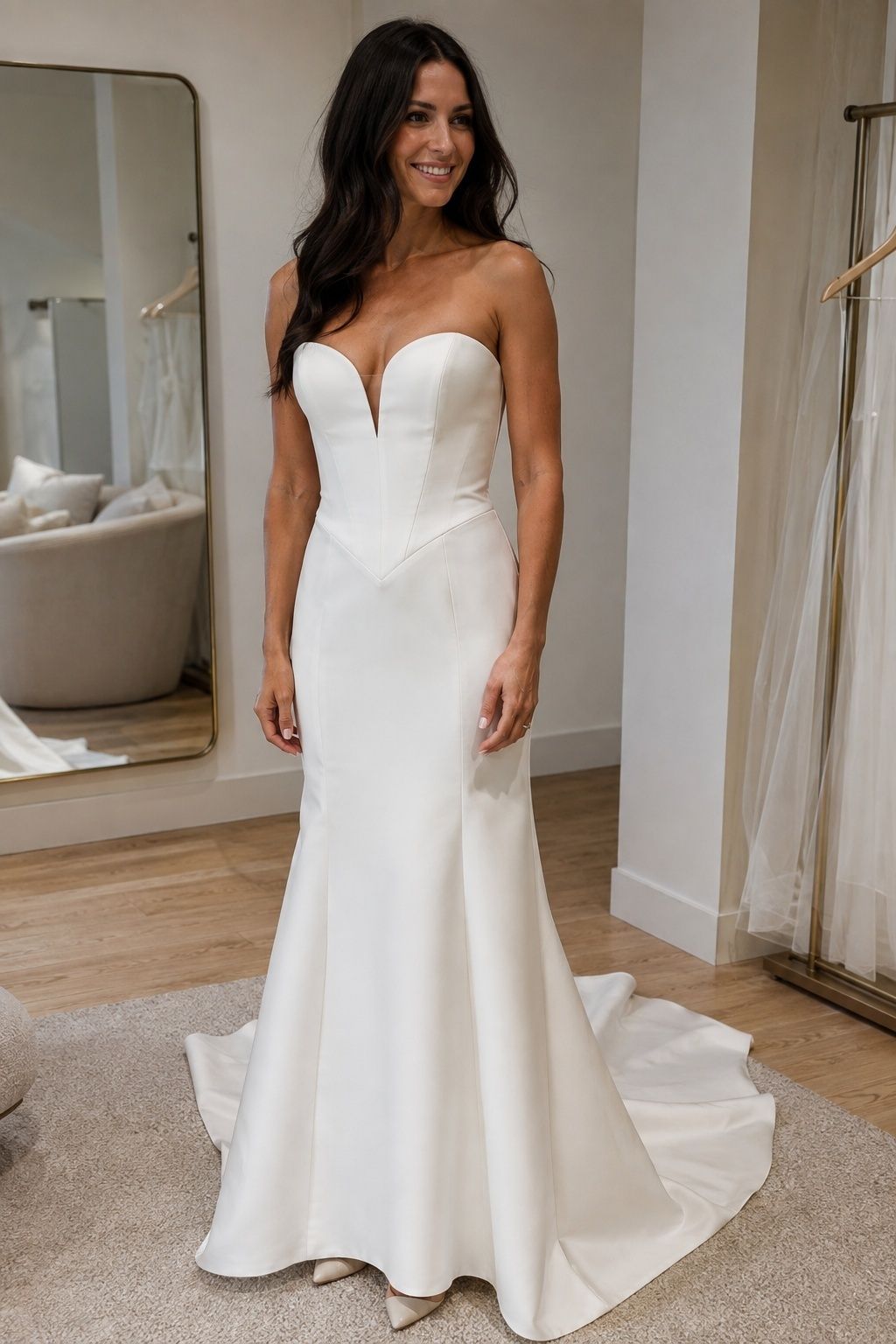 Long structured bodice with a deep V waist and fitted bridal skirt