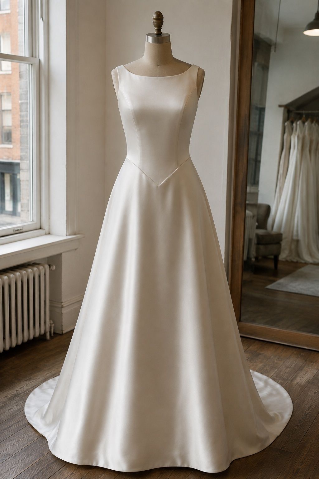 Minimal satin bridal gown with a clear V seam on a dressmaker form