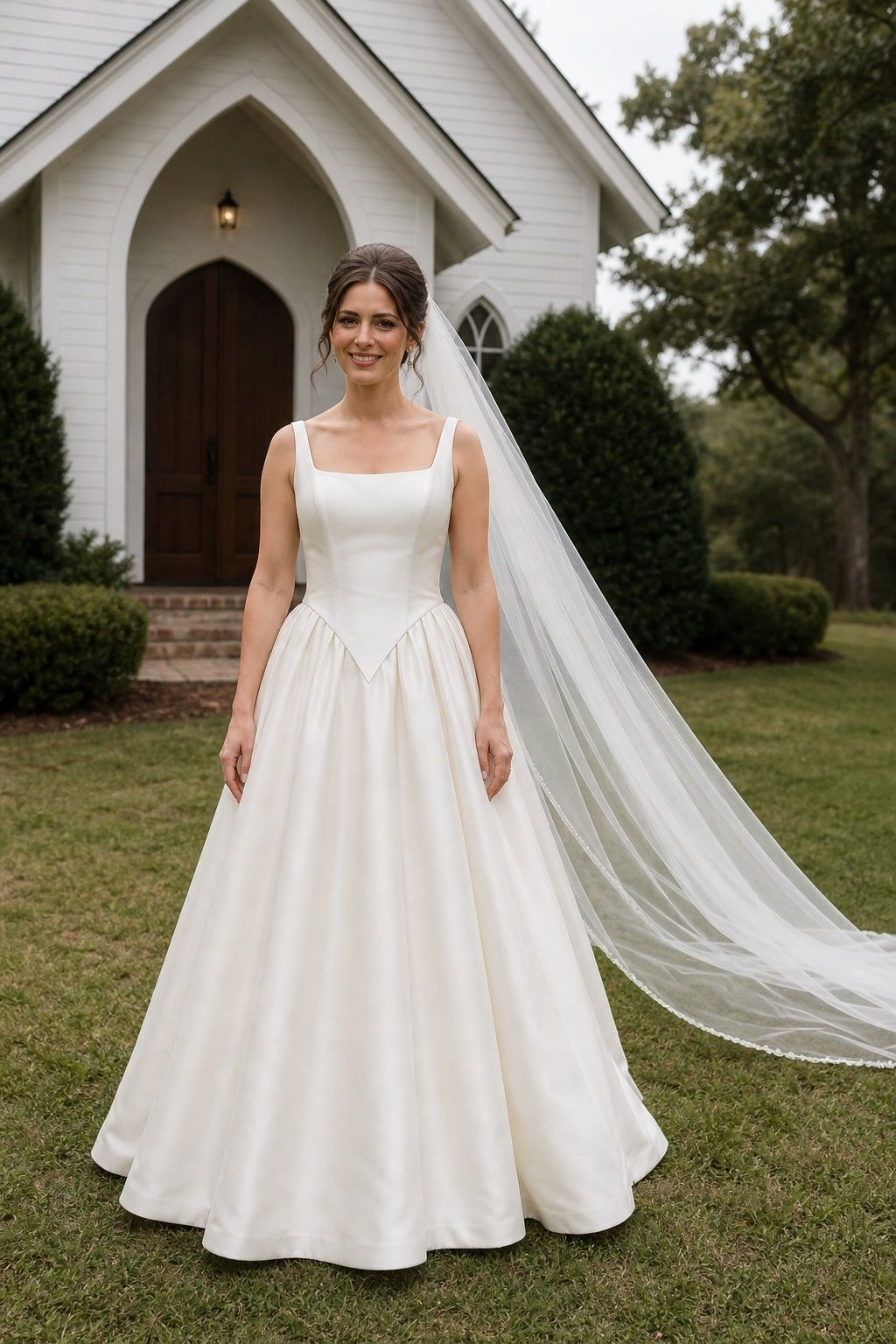 Bride wearing a pointed waist gown with a cathedral veil on a chapel lawn