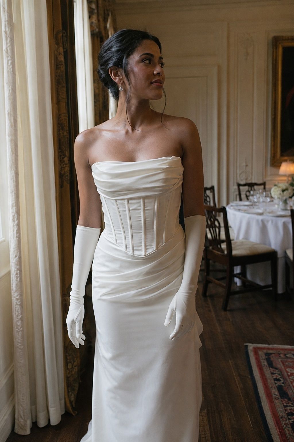Strapless structured bridal gown styled with plain opera gloves
