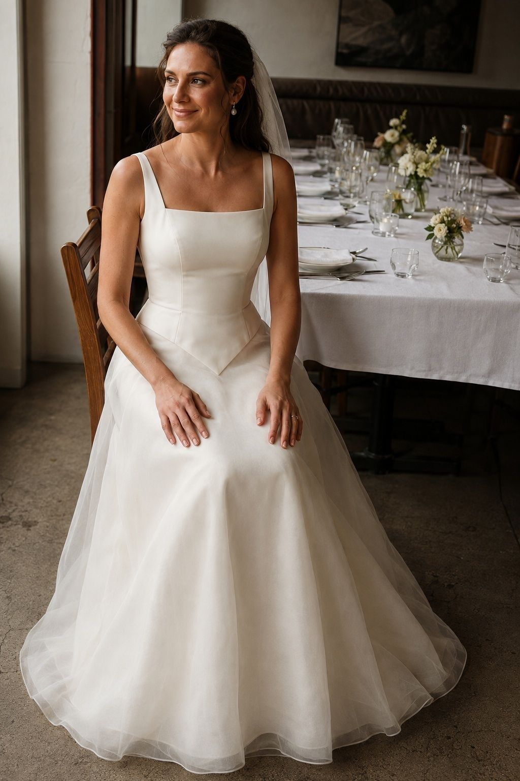 Bride seated at a small wedding dinner with her pointed waist seam visible