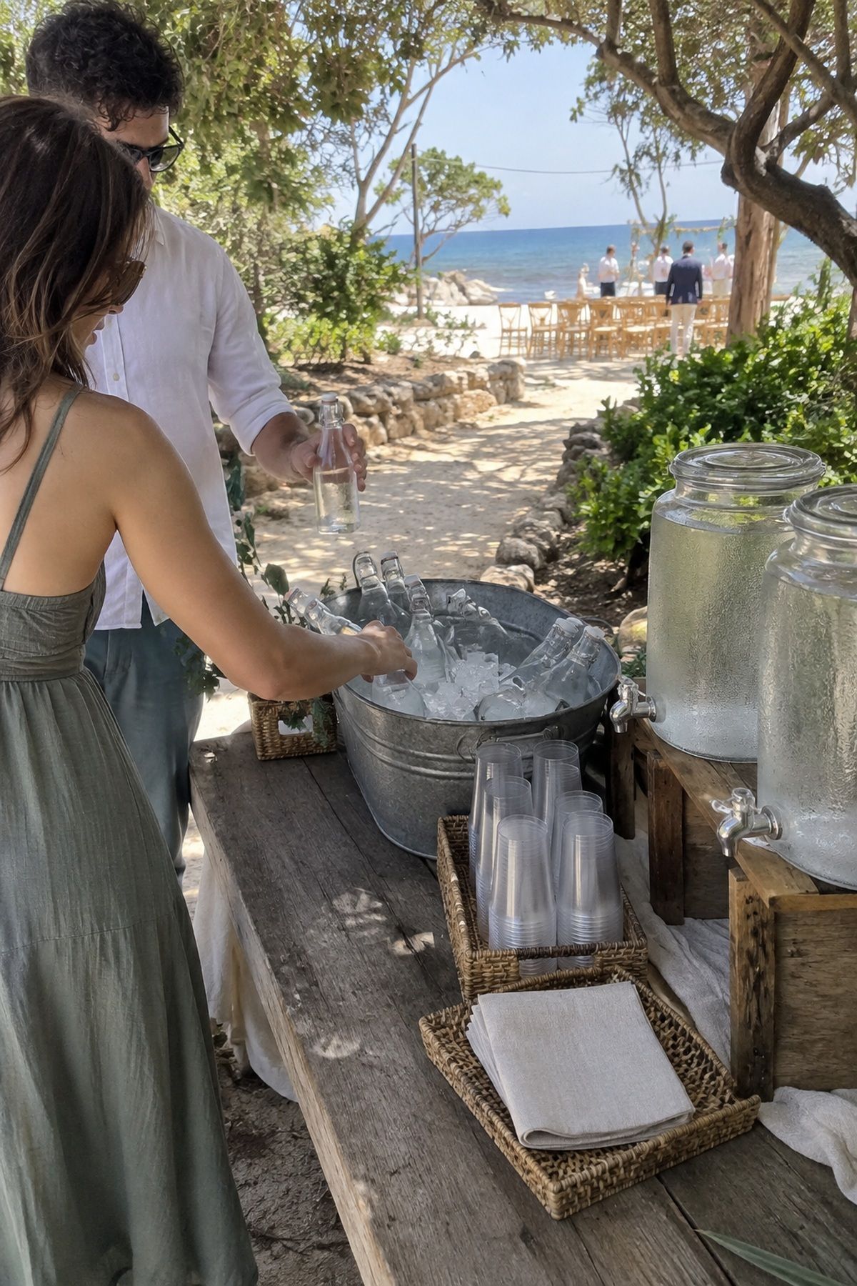 Arriving beach wedding guests take cold water from a shaded welcome station before seating.