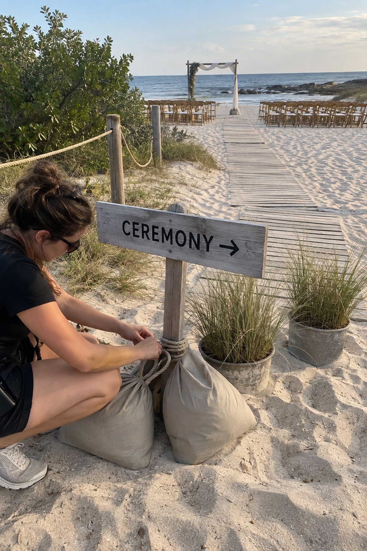 A coordinator anchors a readable beach ceremony sign with rope and heavy sandbags beside low grounded decor.