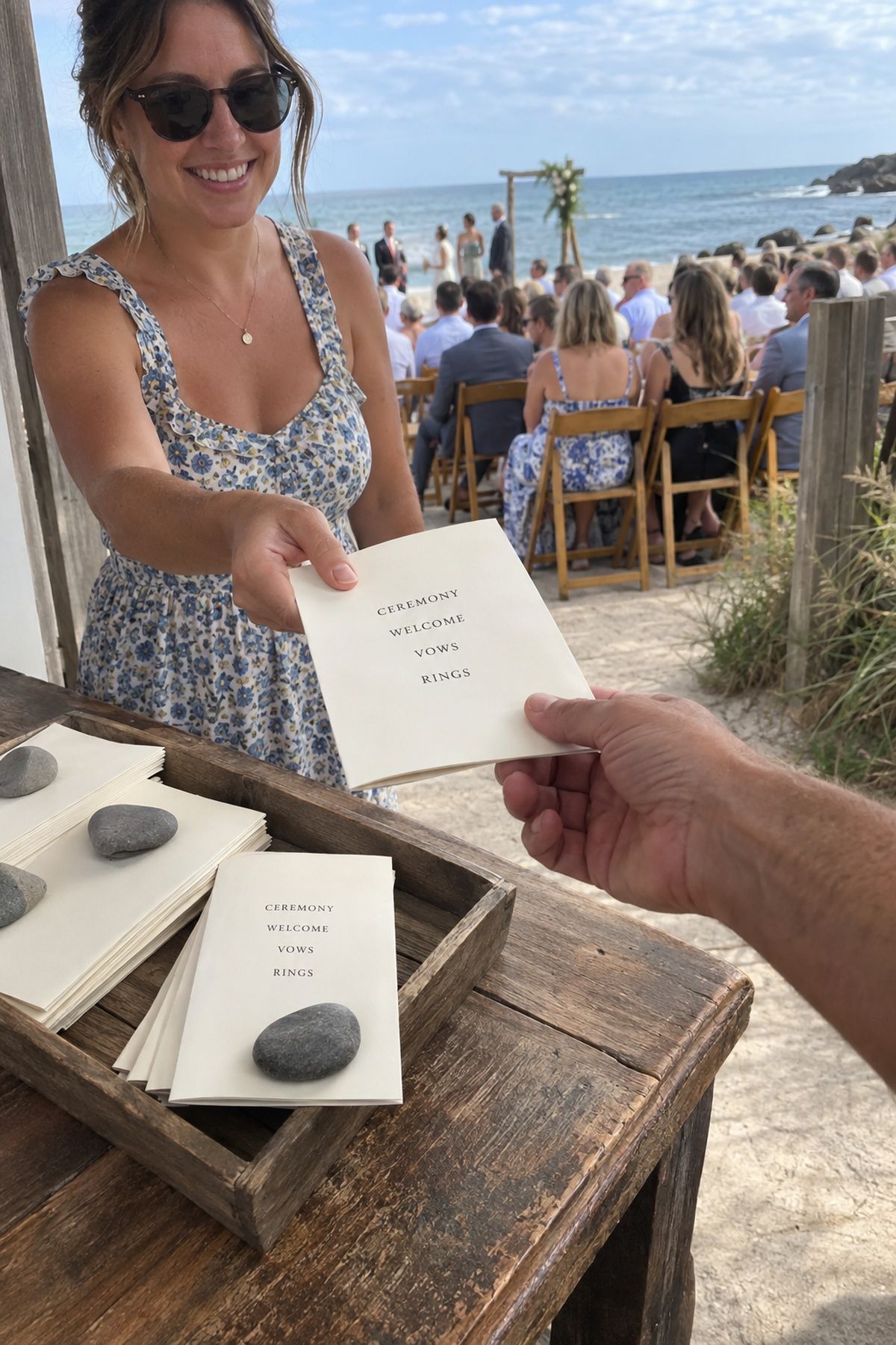 Readable ceremony programs stay secured under smooth stones while a volunteer hands one to a beach wedding guest.