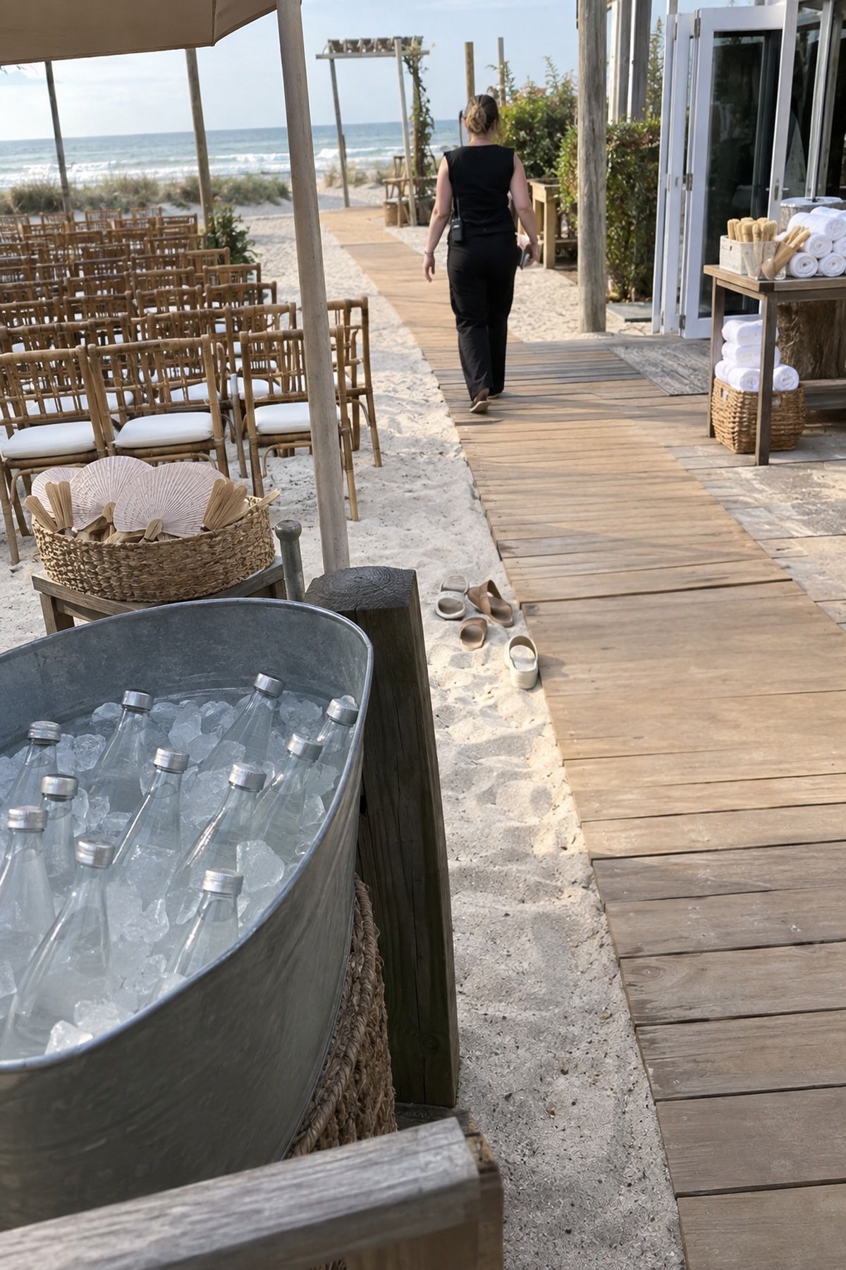 Beach wedding comfort items appear at the arrival, seating, sand, and reception transition points.