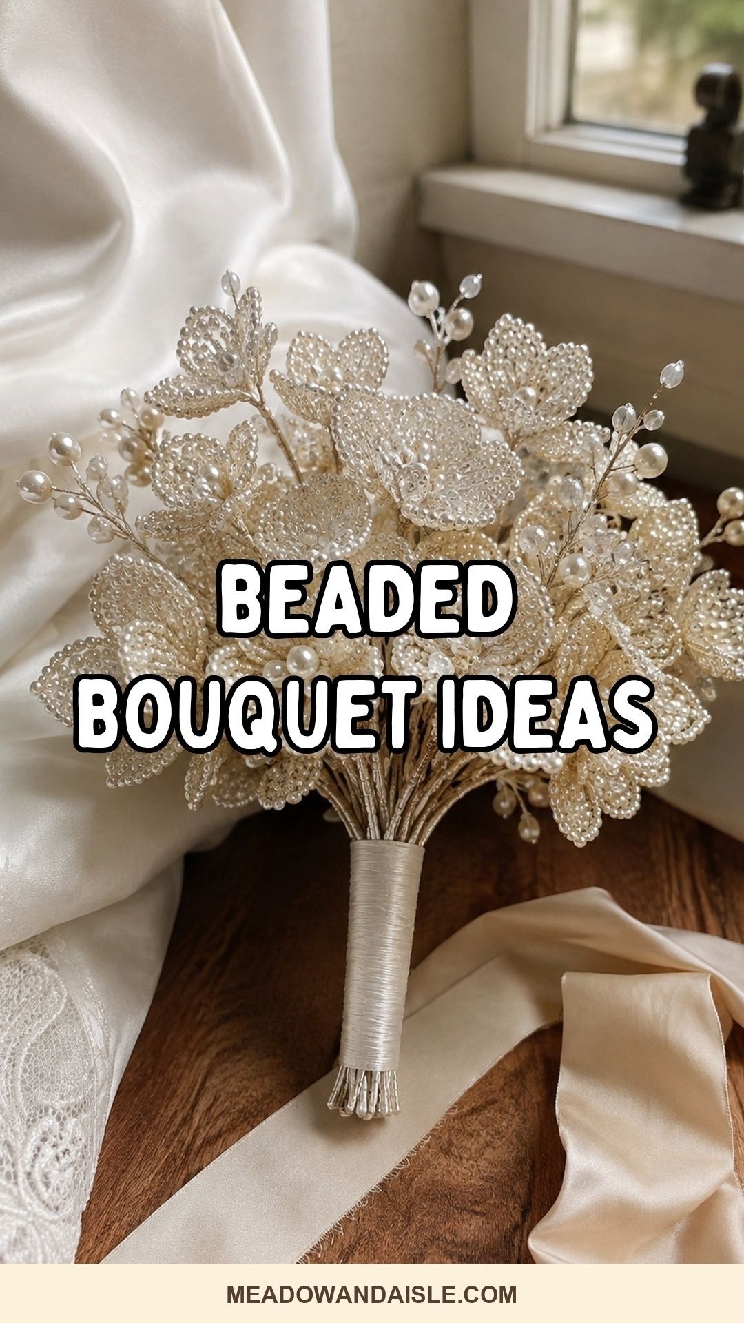 Pinterest pin reading Beaded Bouquet Ideas over a pearl beaded wedding bouquet