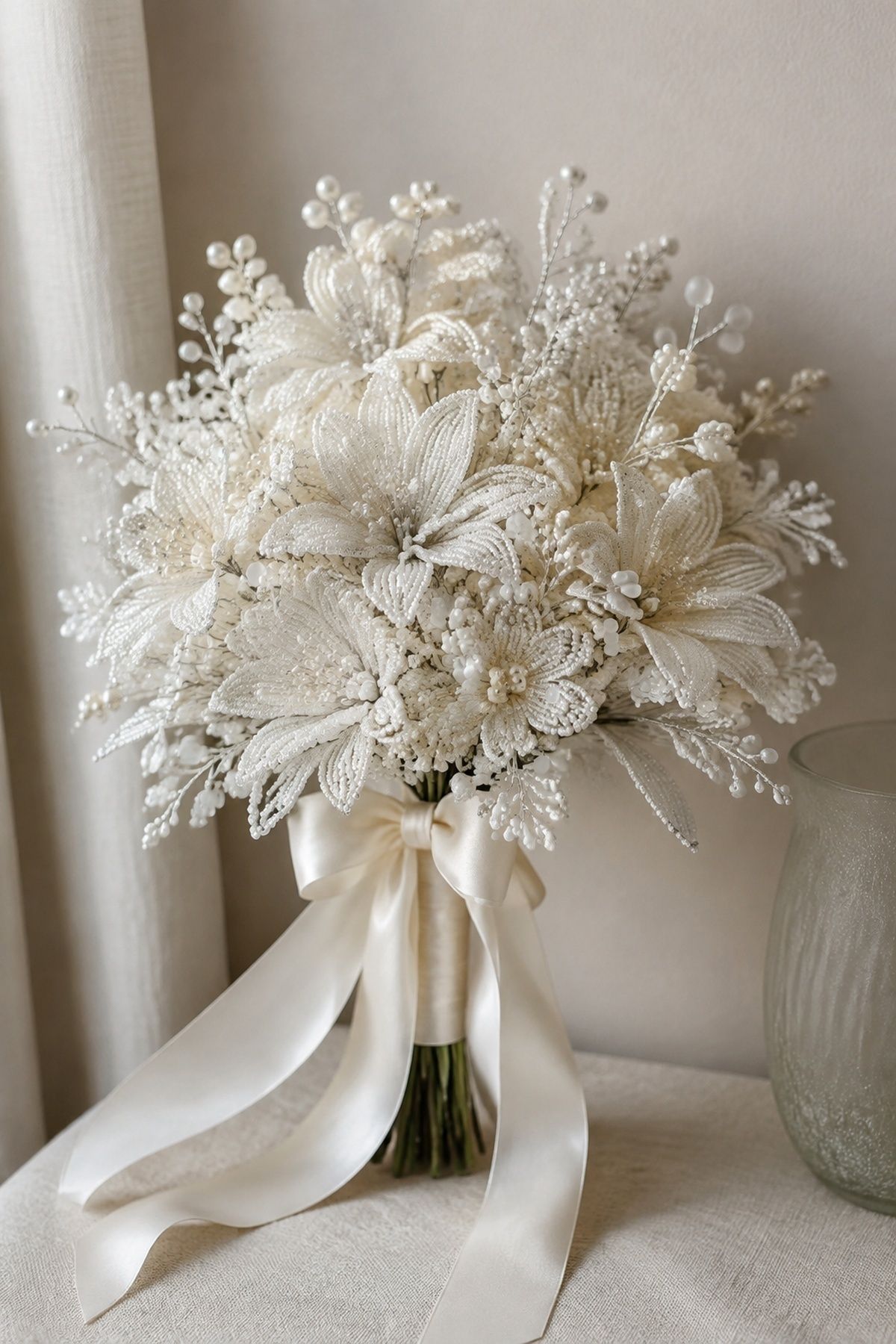 All-white beaded wedding bouquet