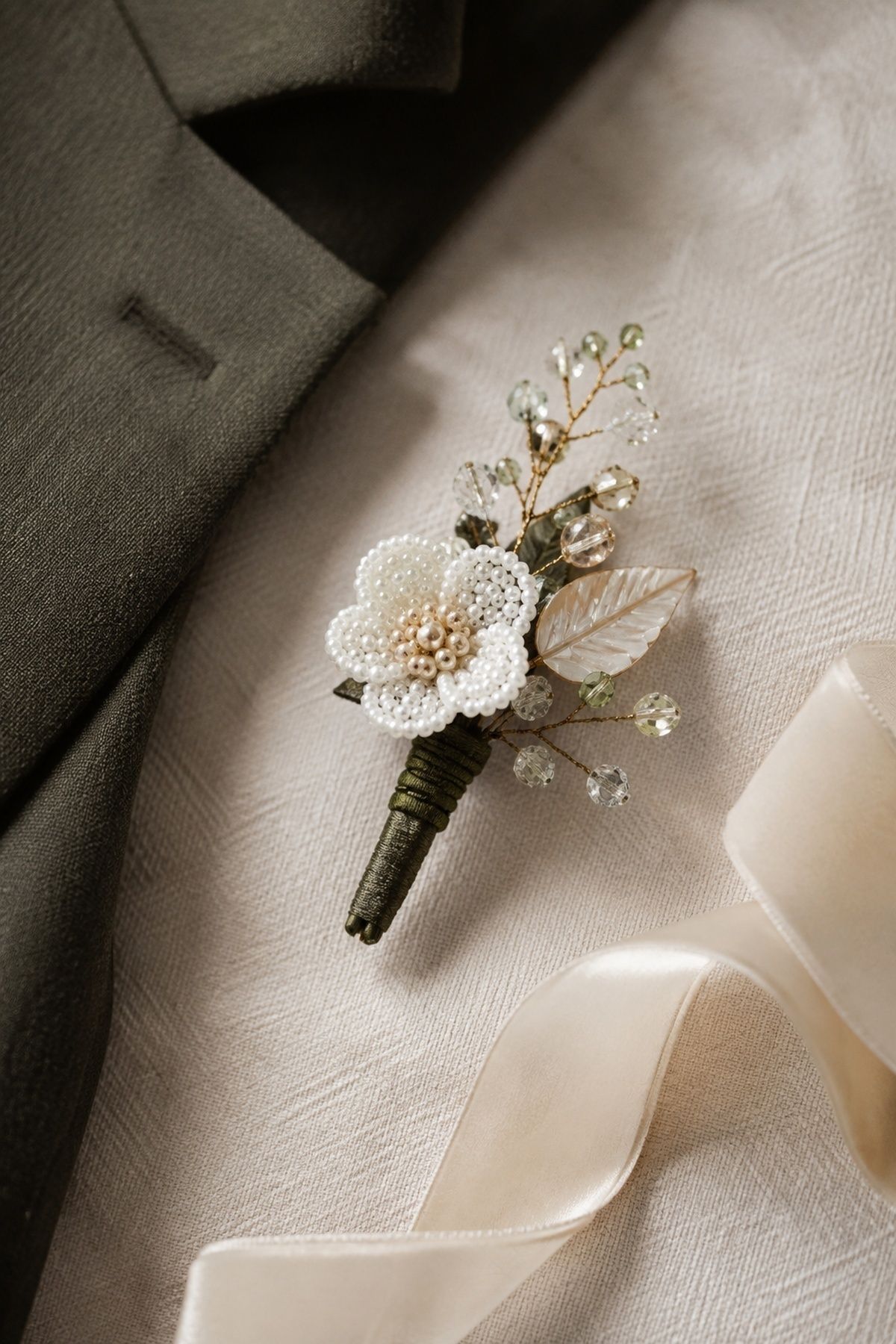 Beaded boutonniere matching the bridal bouquet