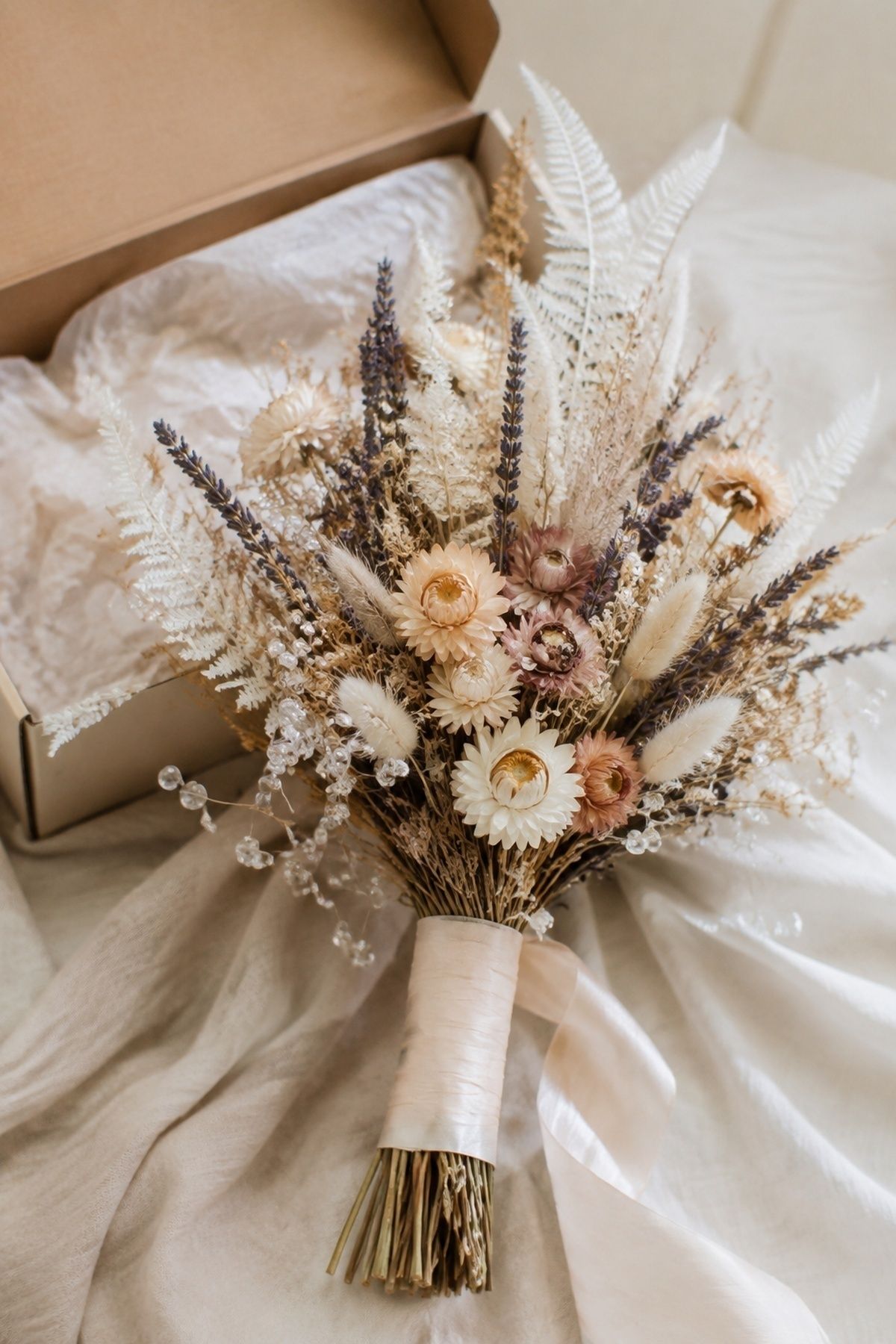 Dried flower bouquet with beaded stems