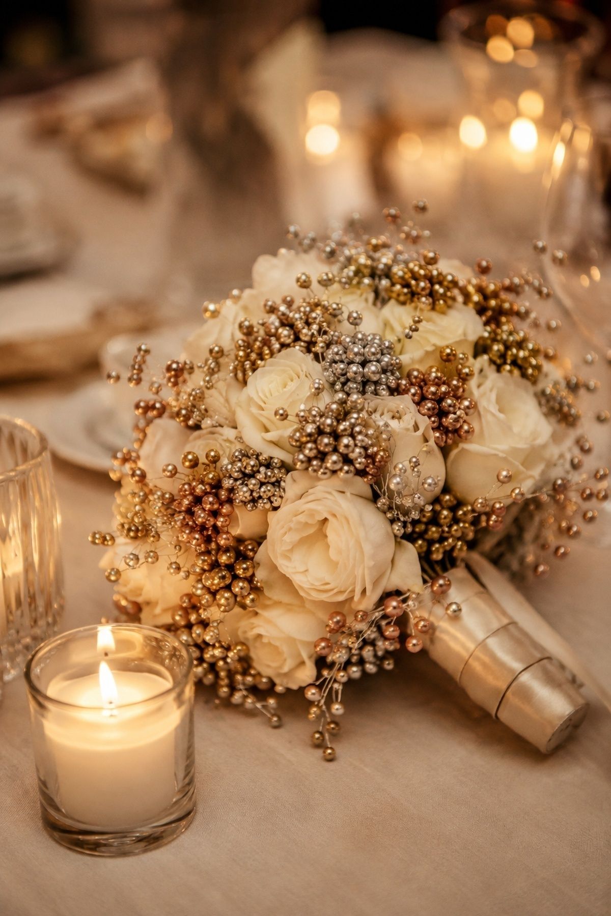 Metallic bead bouquet for an evening ceremony