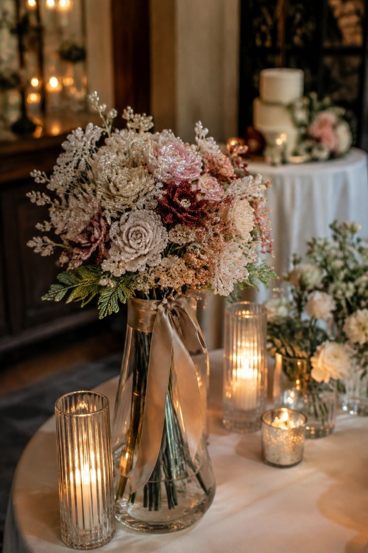 Beaded bouquet displayed in a vase at the reception