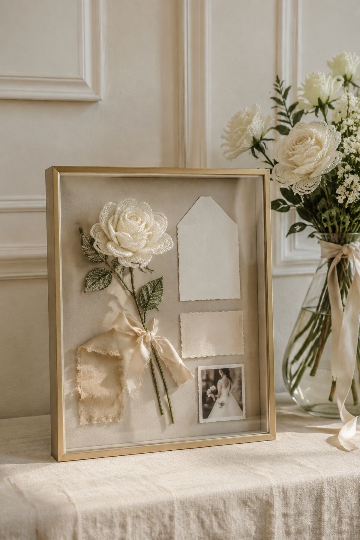Beaded bouquet preserved in a shadow box keepsake
