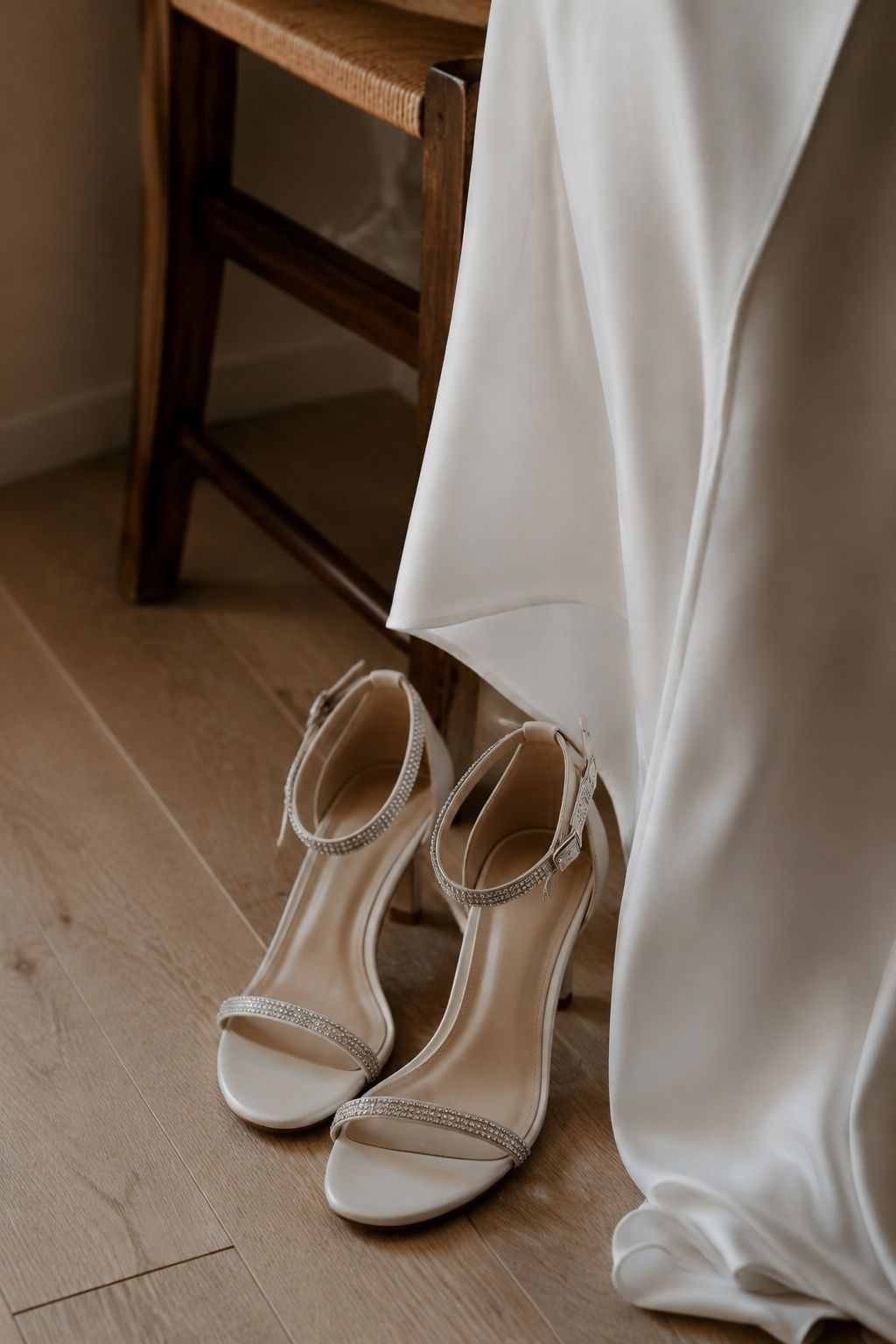 Rhinestone strap heels worn with a clean wedding gown