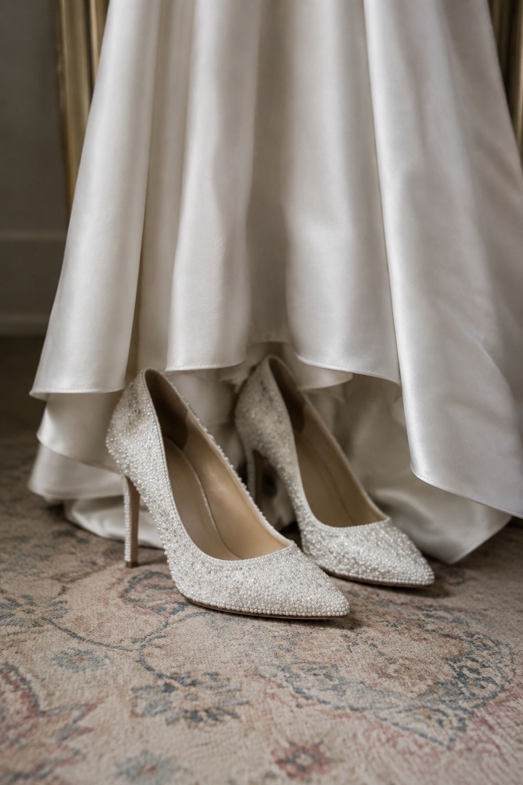 Beaded pumps peeking out under a satin dress