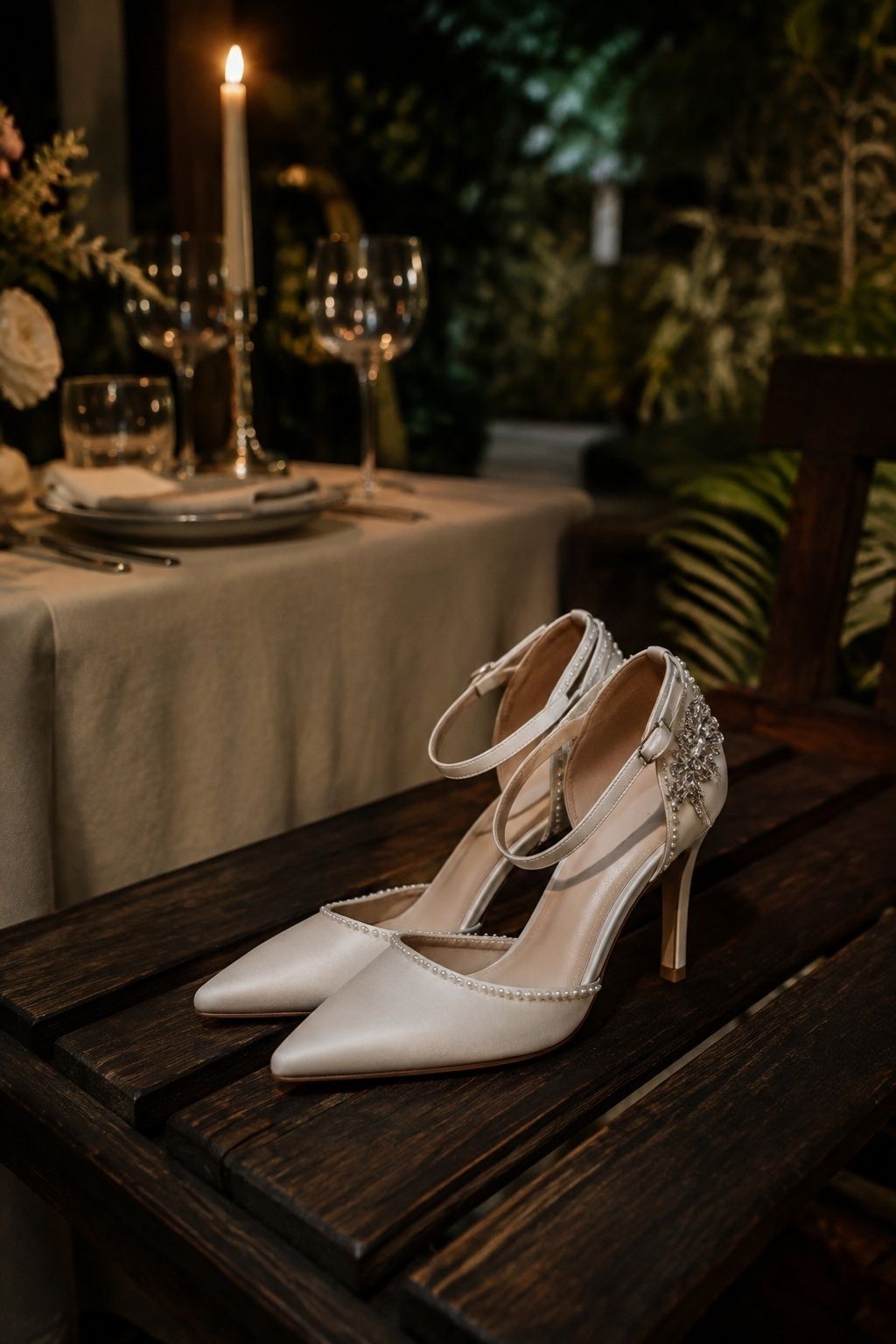 Pearl-and-crystal heels in candlelight
